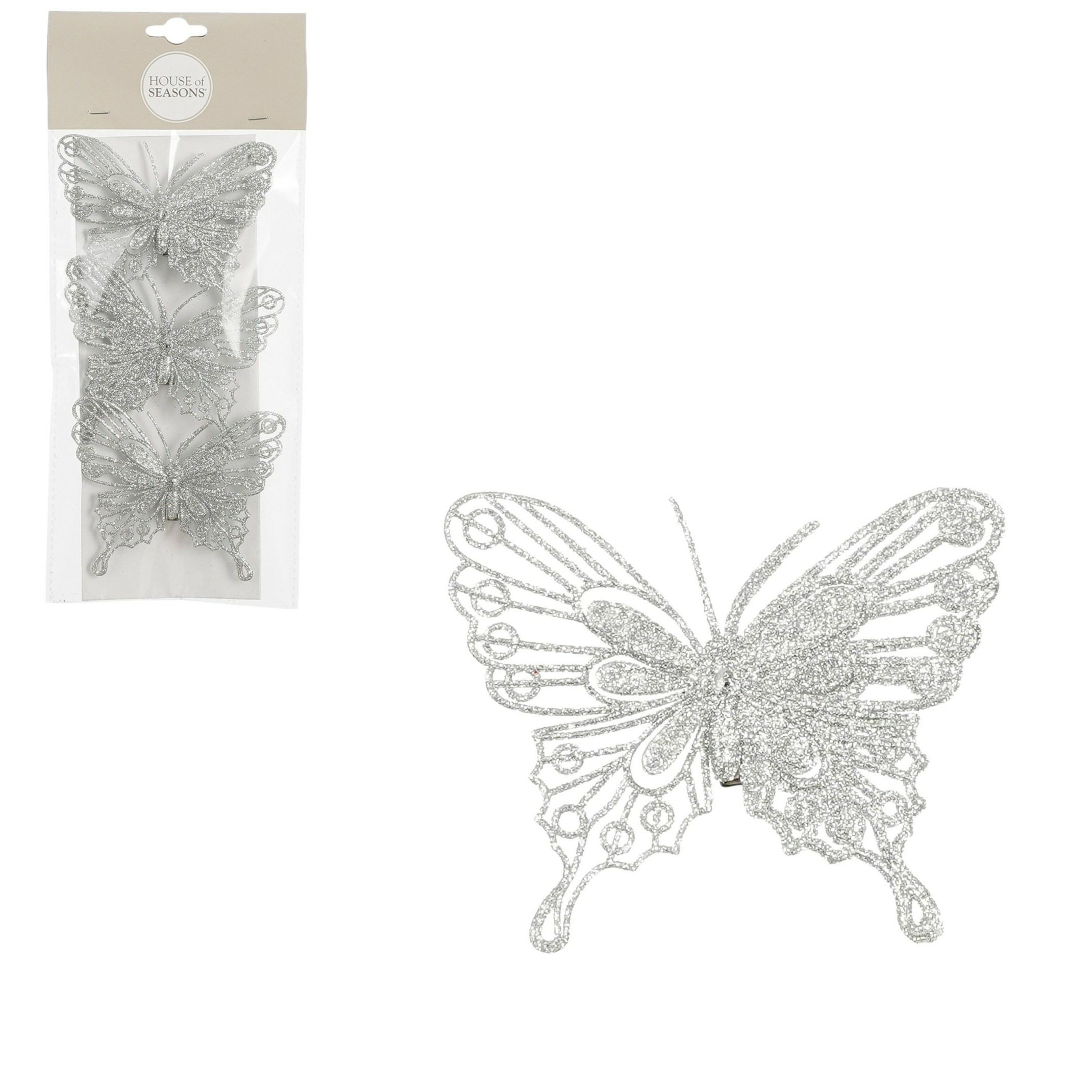 House of Seasons vlinders op clip 3x stuks zilver glitter 10 cm