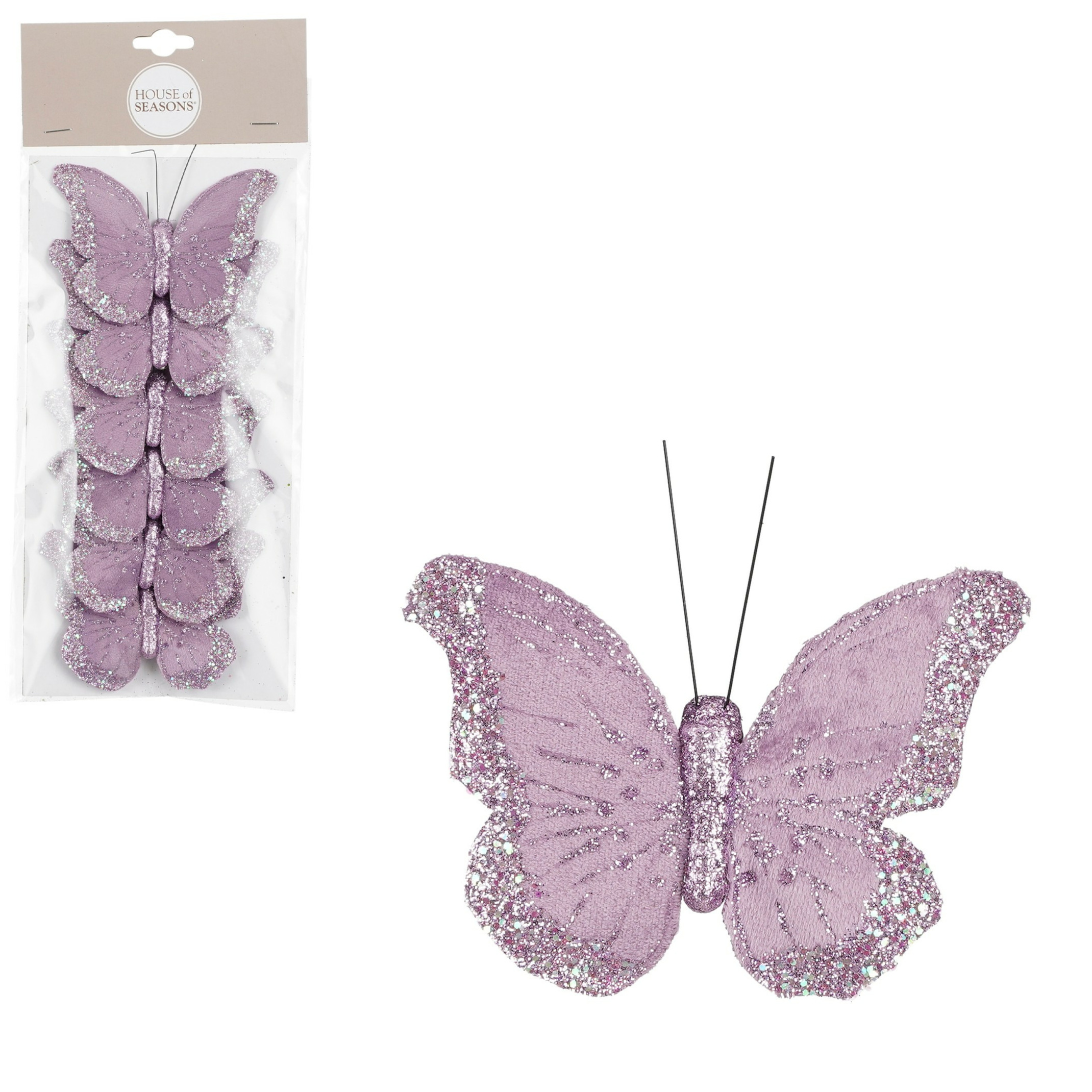 House of Seasons vlinders op clip - 6x stuks - lila paars - 10 cm