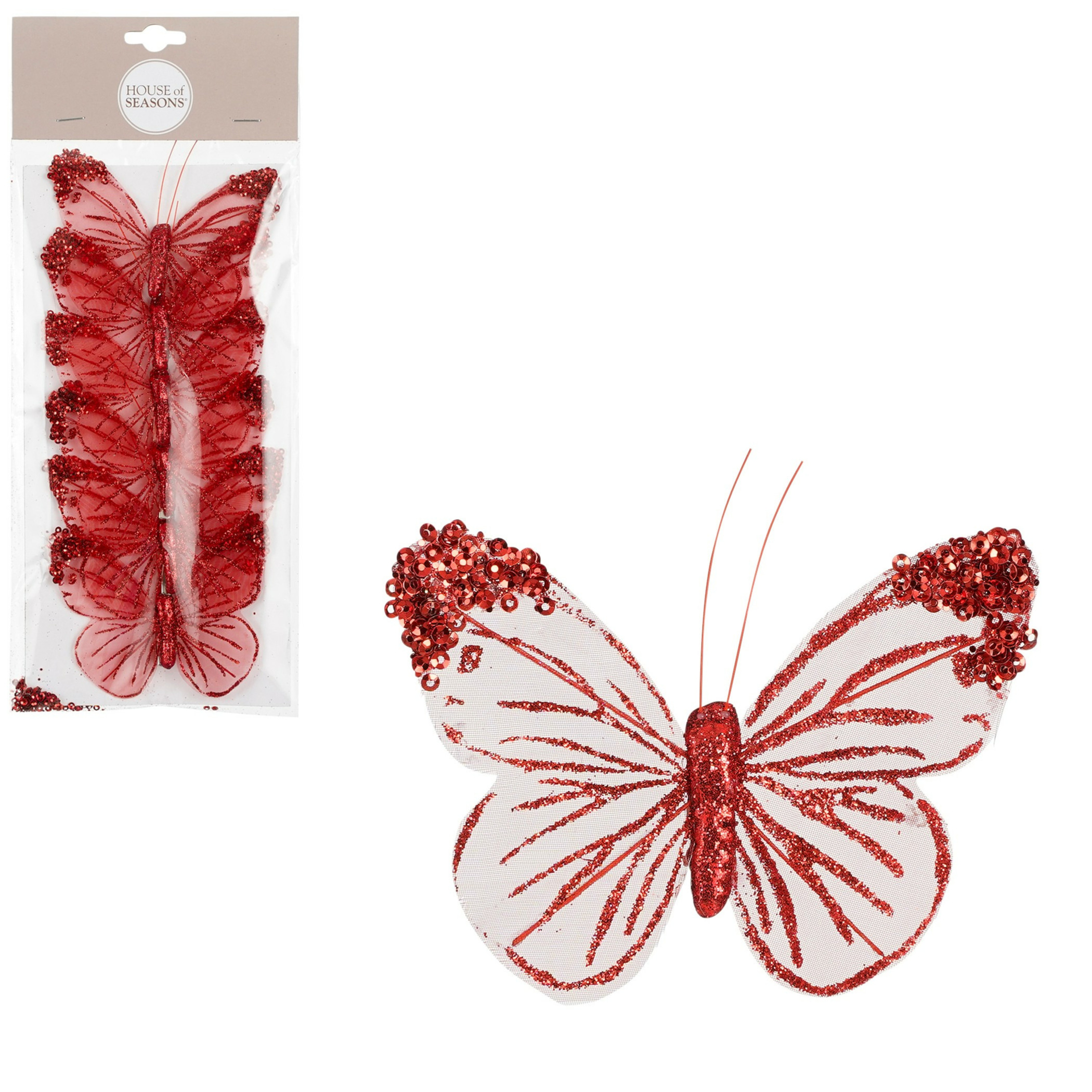 House of Seasons vlinders op clip - 6x stuks - rood/wit - 10 cm