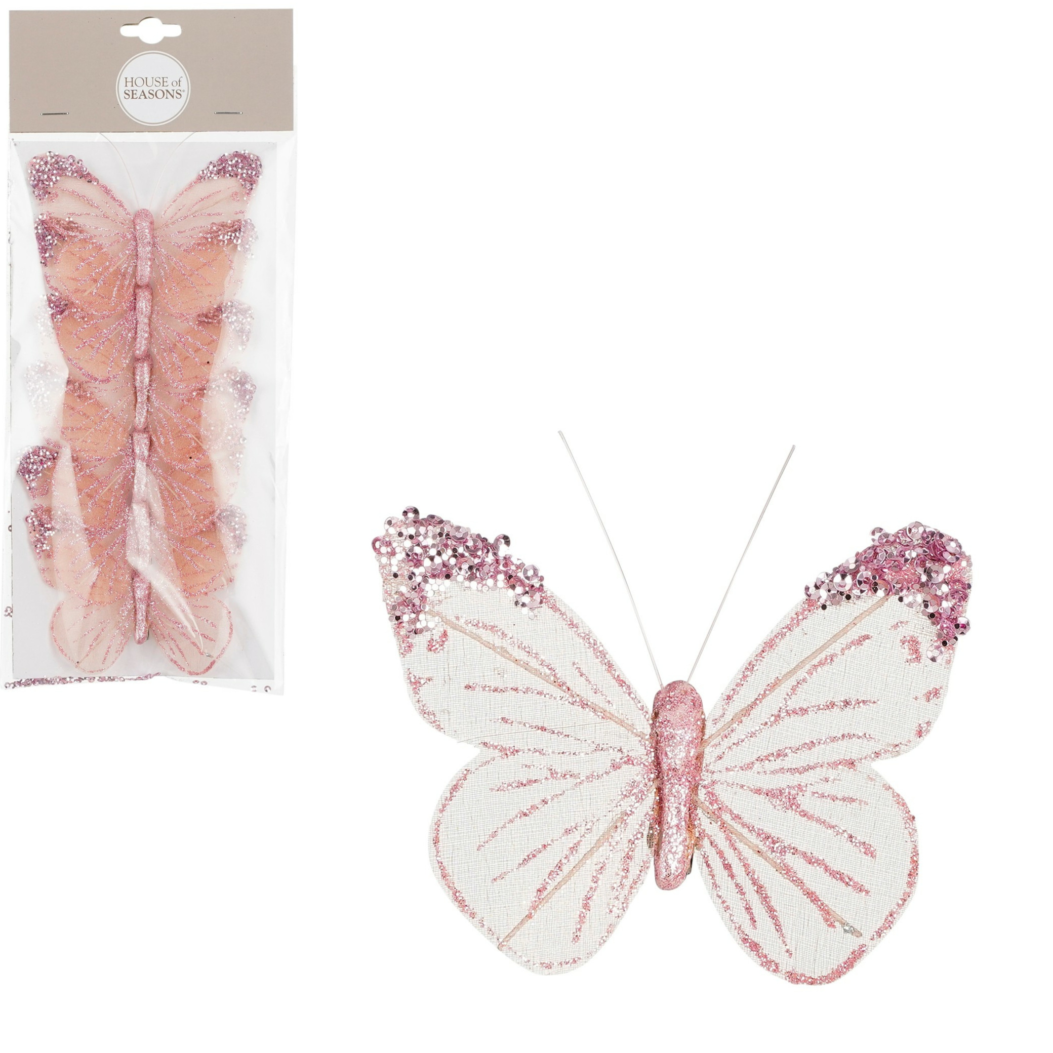 House of Seasons vlinders op clip 6x stuks roze-wit 10 cm