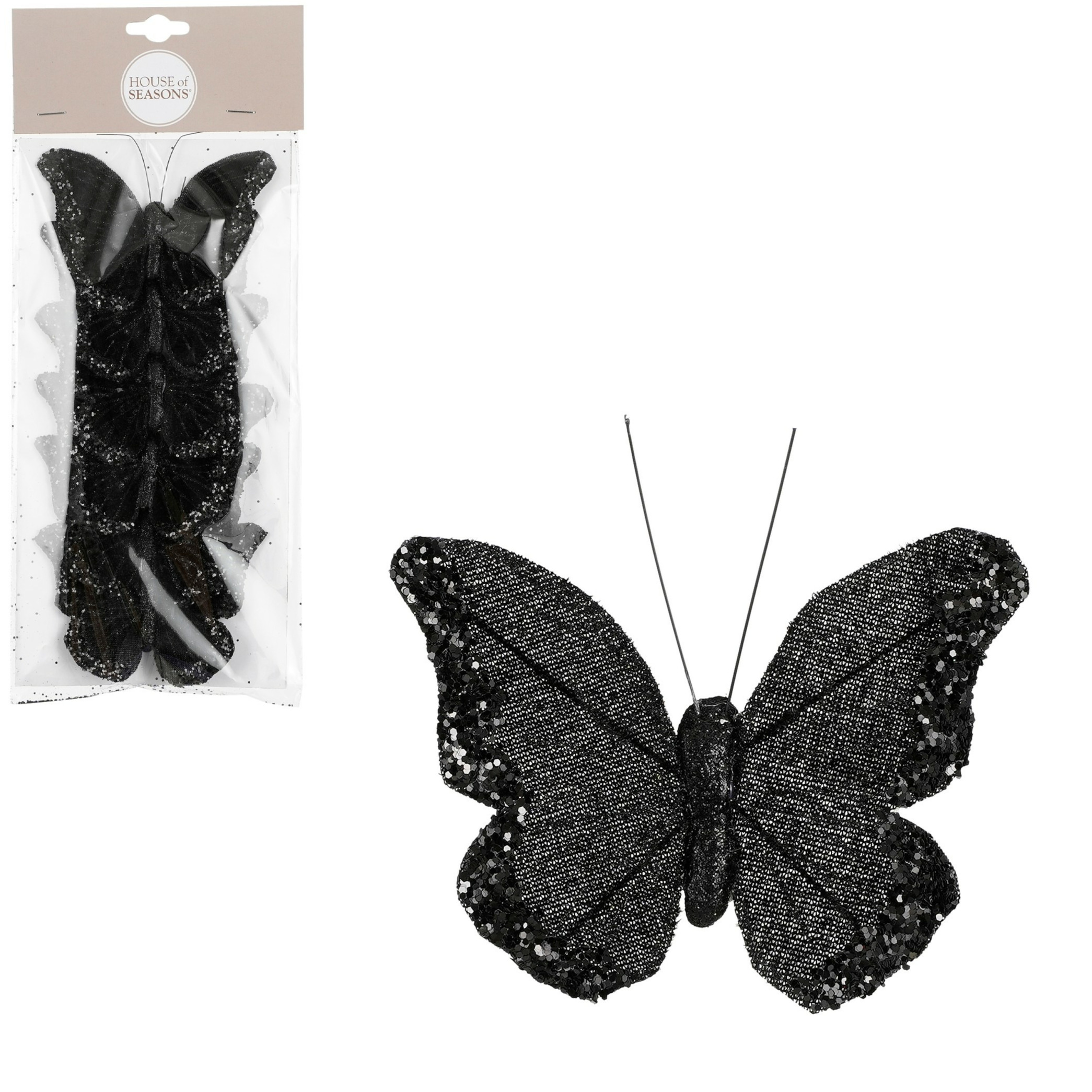 House of Seasons vlinders op clip 6x stuks zwart glitter 10 cm