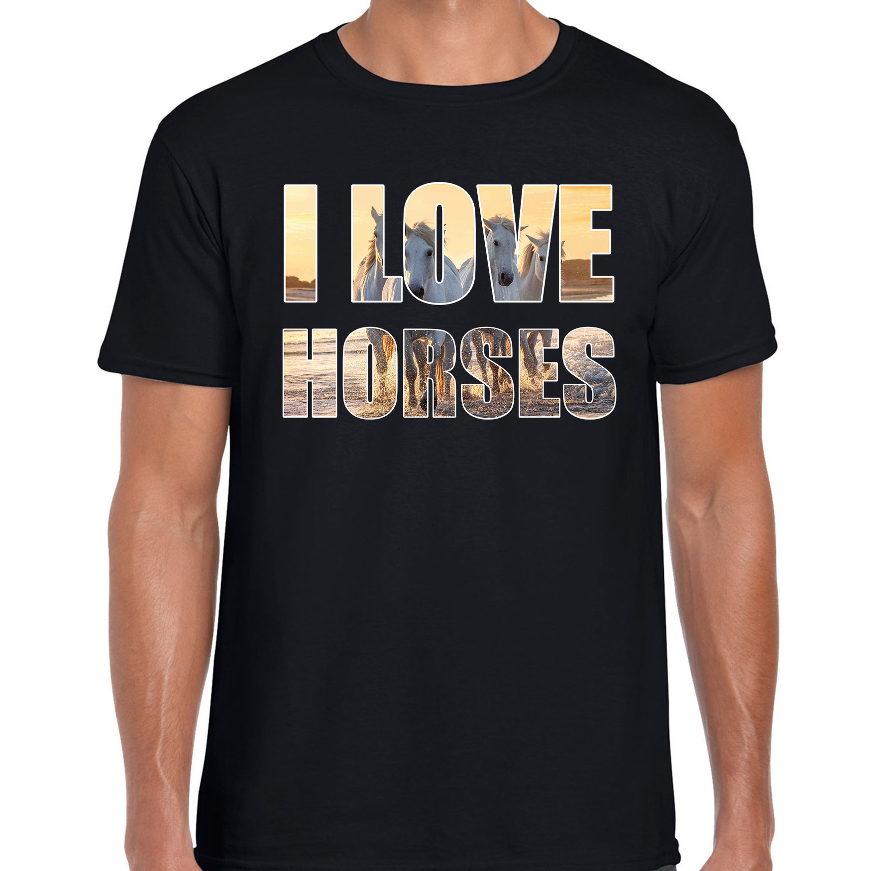 Afbeelding I love horses / paarden dieren shirt zwart heren door Animals Giftshop