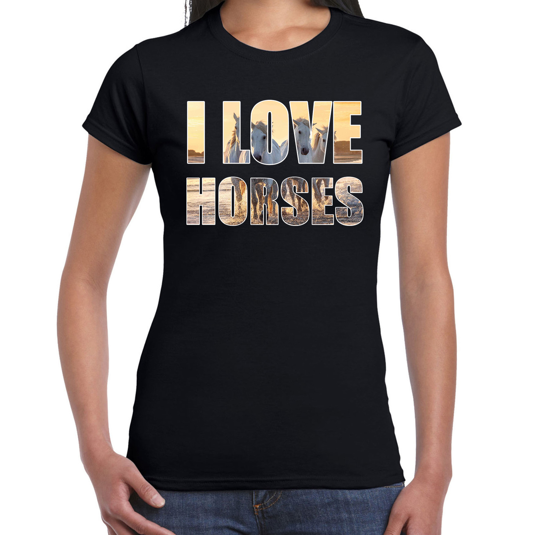 Afbeelding I love horses / paarden dieren shirt zwart voor dames / paardenmeisjes door Animals Giftshop