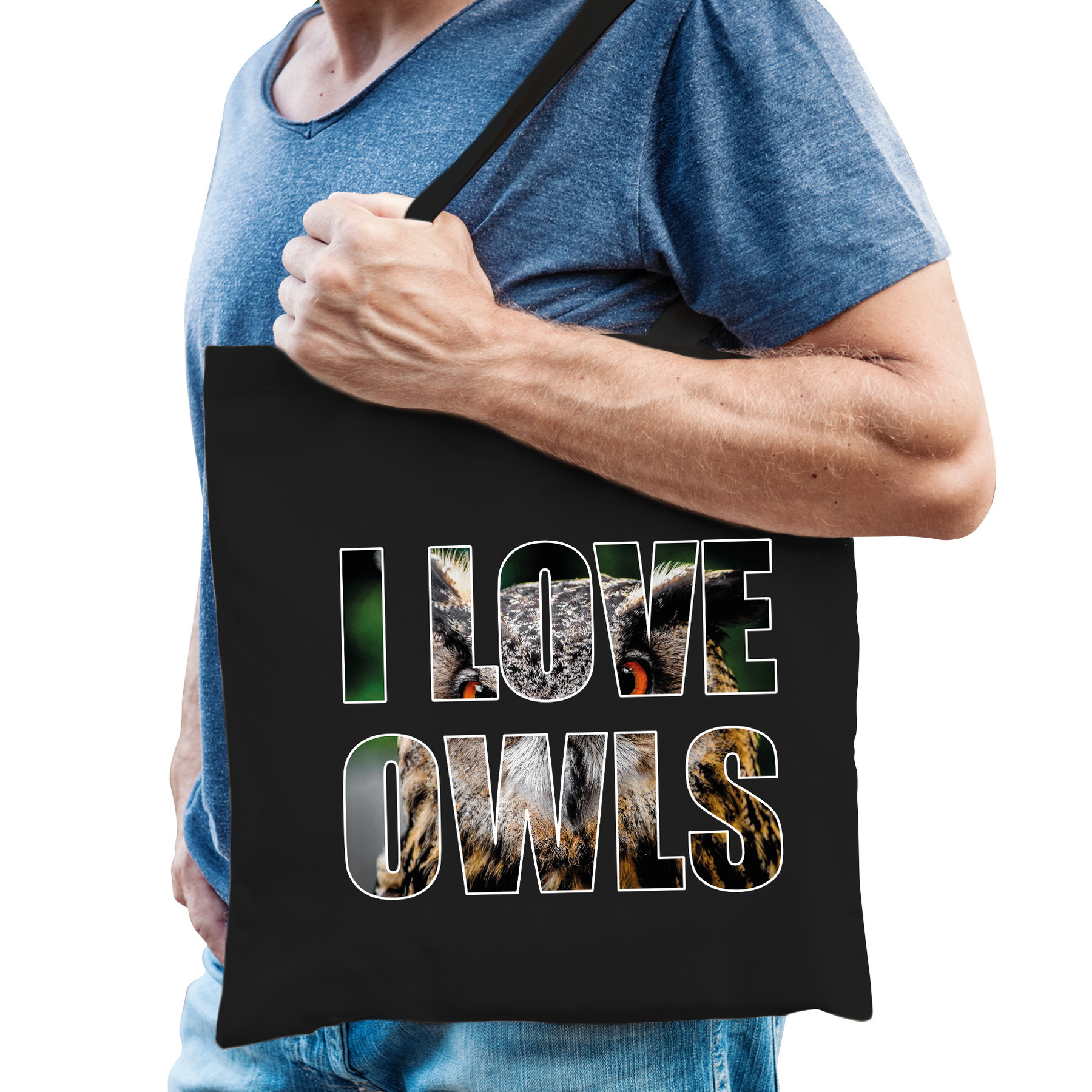 I love owls katoenen kado tasje voor Oehoe uilen liefhebbers zwart heren