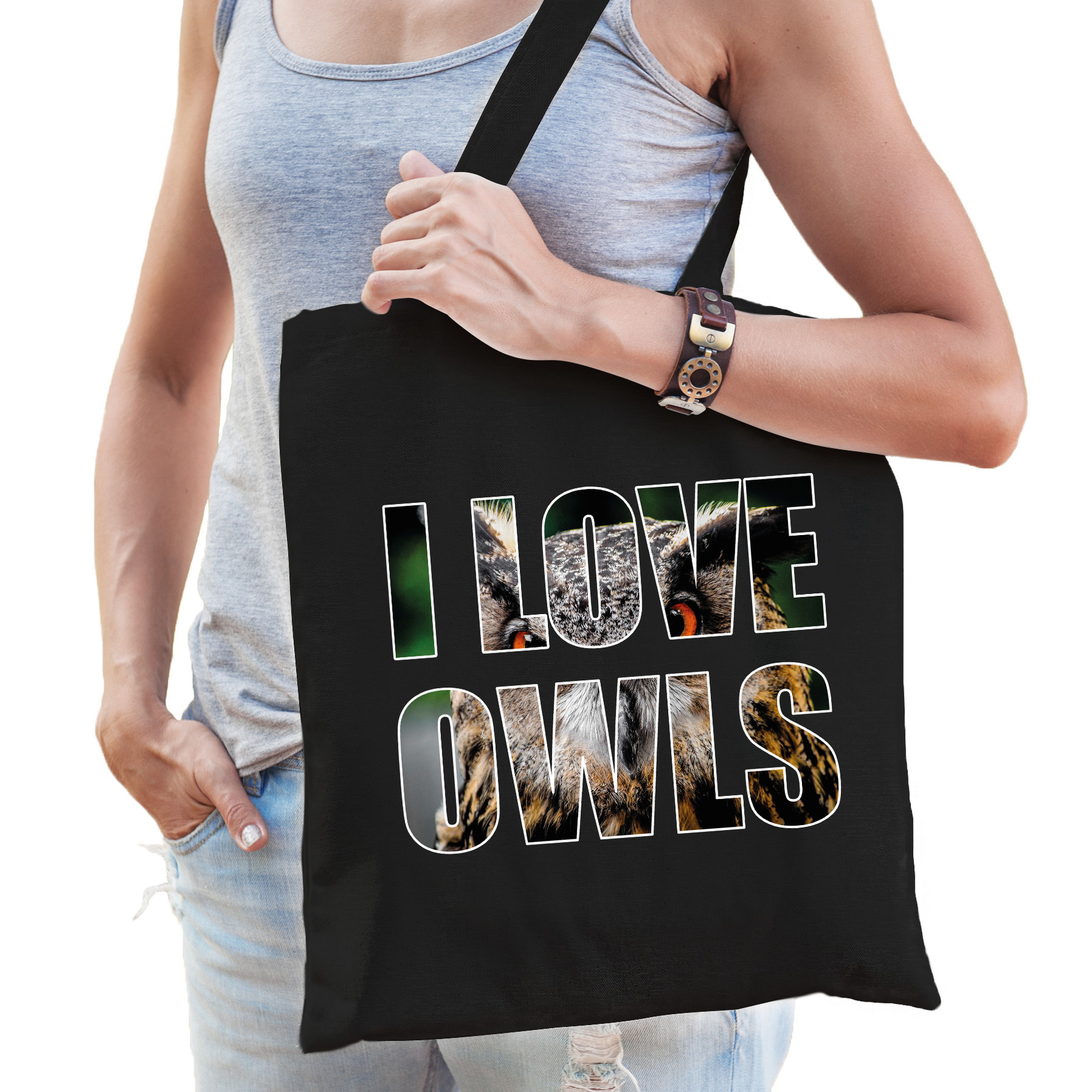 I love owls / Oehoe uilen katoenen tasje zwart dames