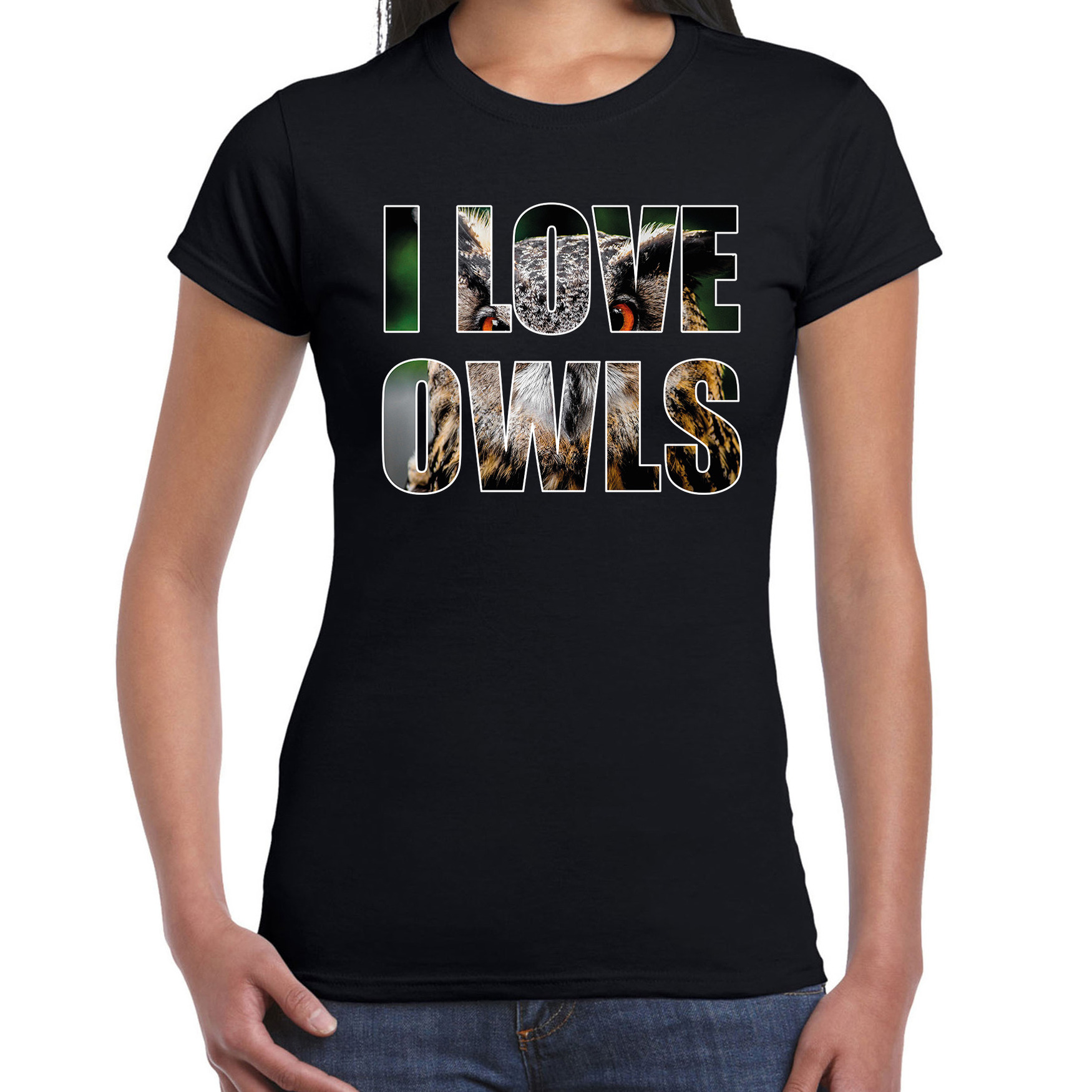 I love owls / uilen dieren shirt zwart dames