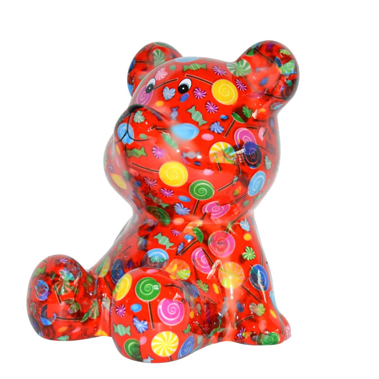 Kado spaarpot beer rood met snoepjes print 16 cm