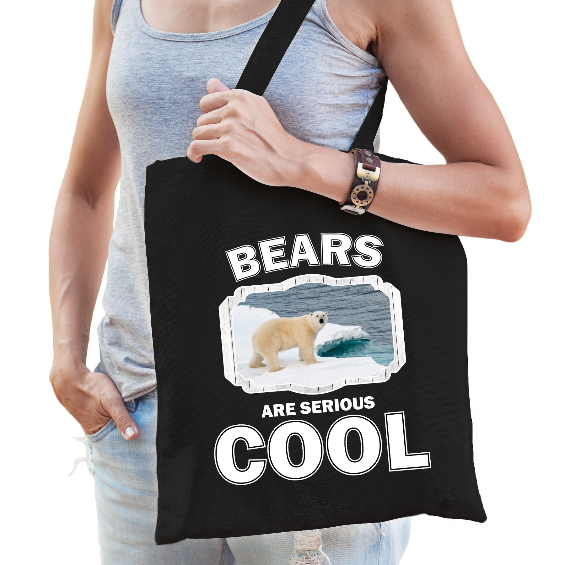 Katoenen tasje bears are serious cool zwart - ijsberen/ ijsbeer cadeau tas