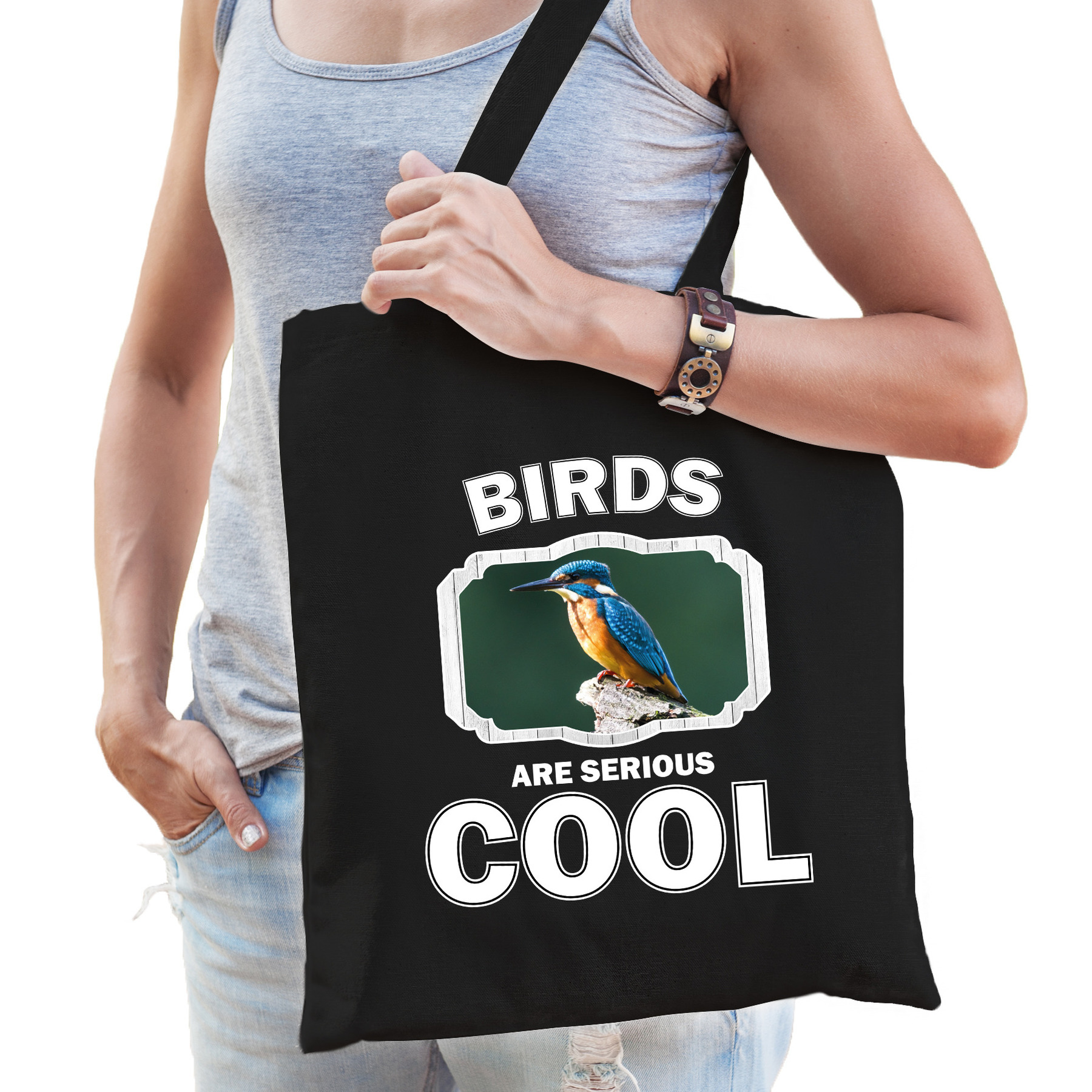 Katoenen tasje birds are serious cool zwart - vogels/ ijsvogel zittend cadeau tas