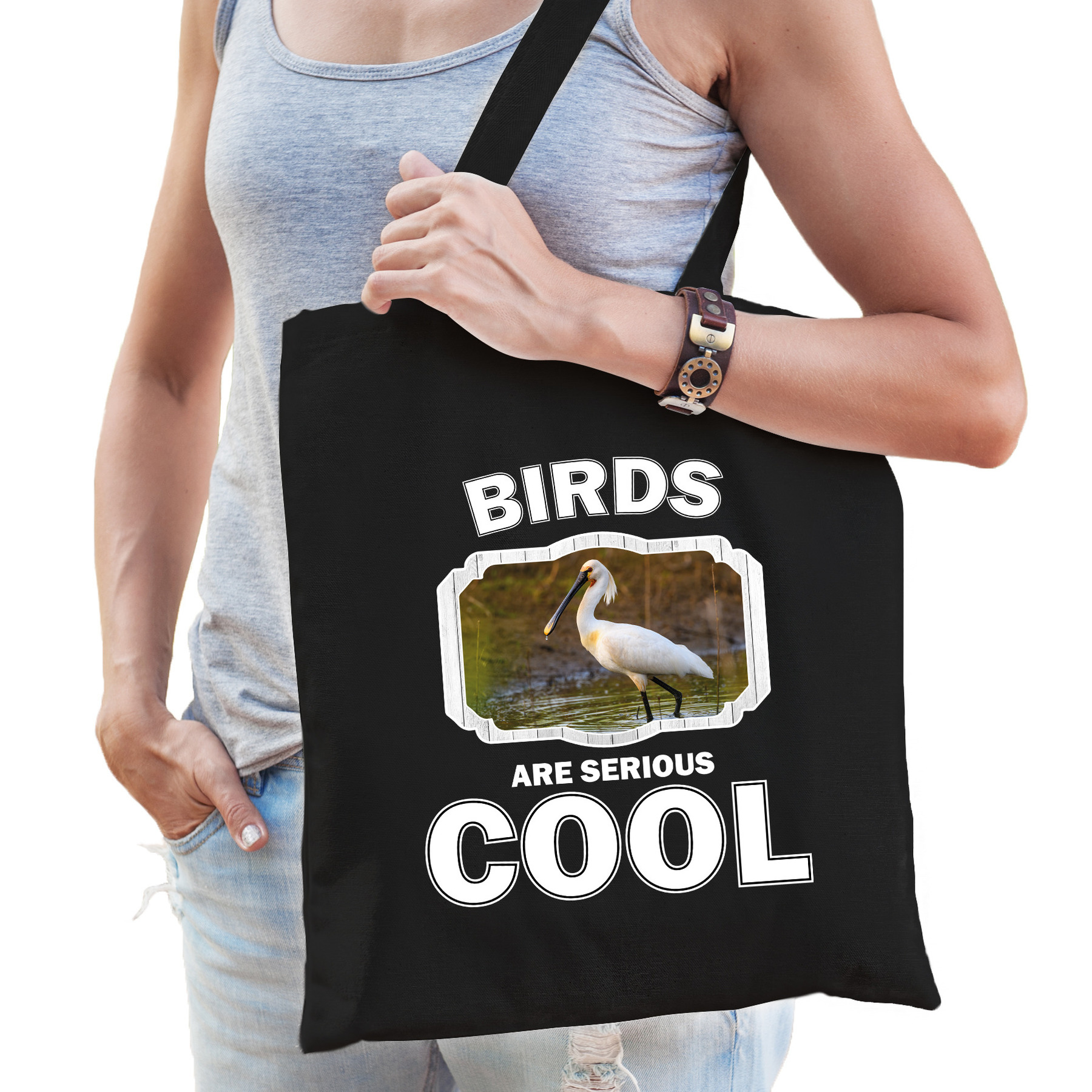 Katoenen tasje birds are serious cool zwart - vogels/ lepelaar vogel cadeau tas