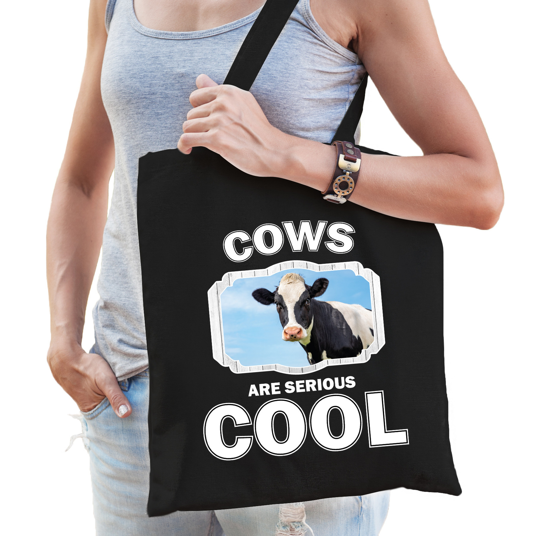 Katoenen tasje cows are serious cool zwart - koeien/ koe cadeau tas