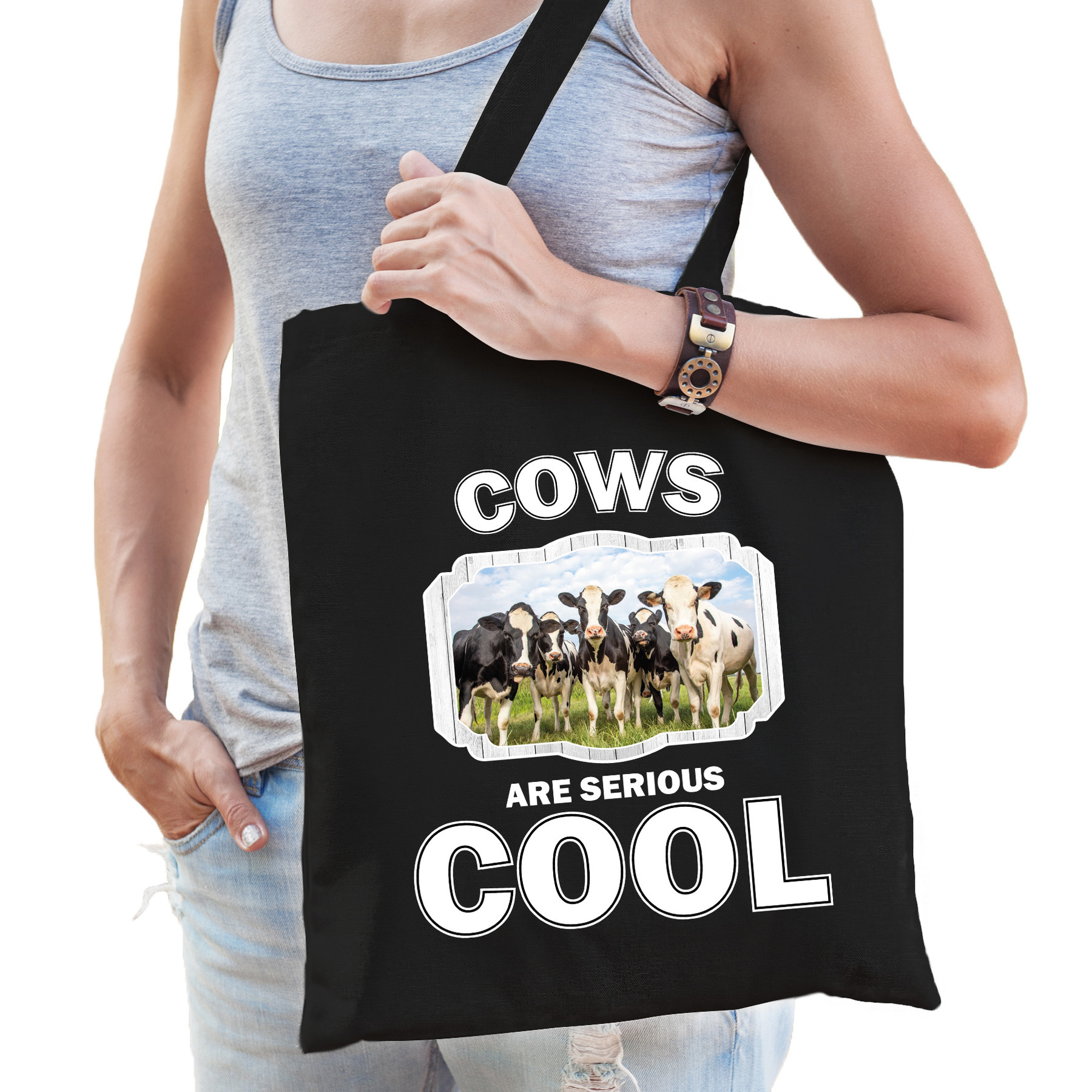 Katoenen tasje cows are serious cool zwart - kudde Nederlandse koeien/ koe cadeau tas