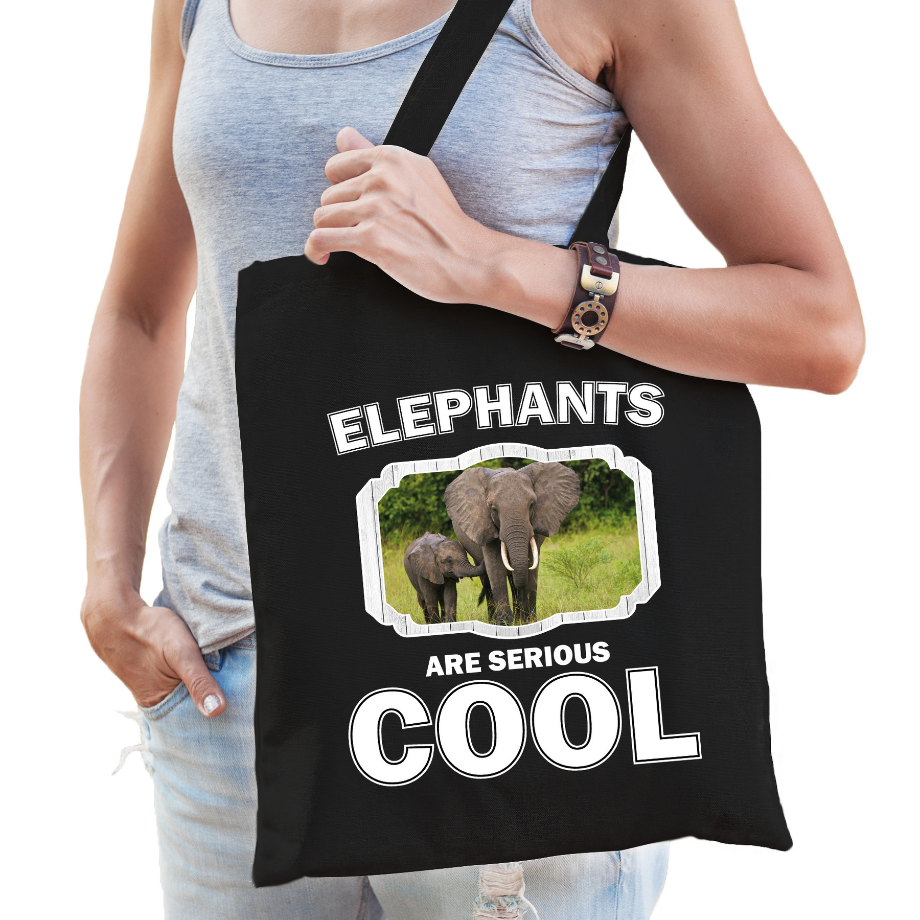 Katoenen tasje elephants are serious cool zwart - olifanten/ olifant cadeau tas