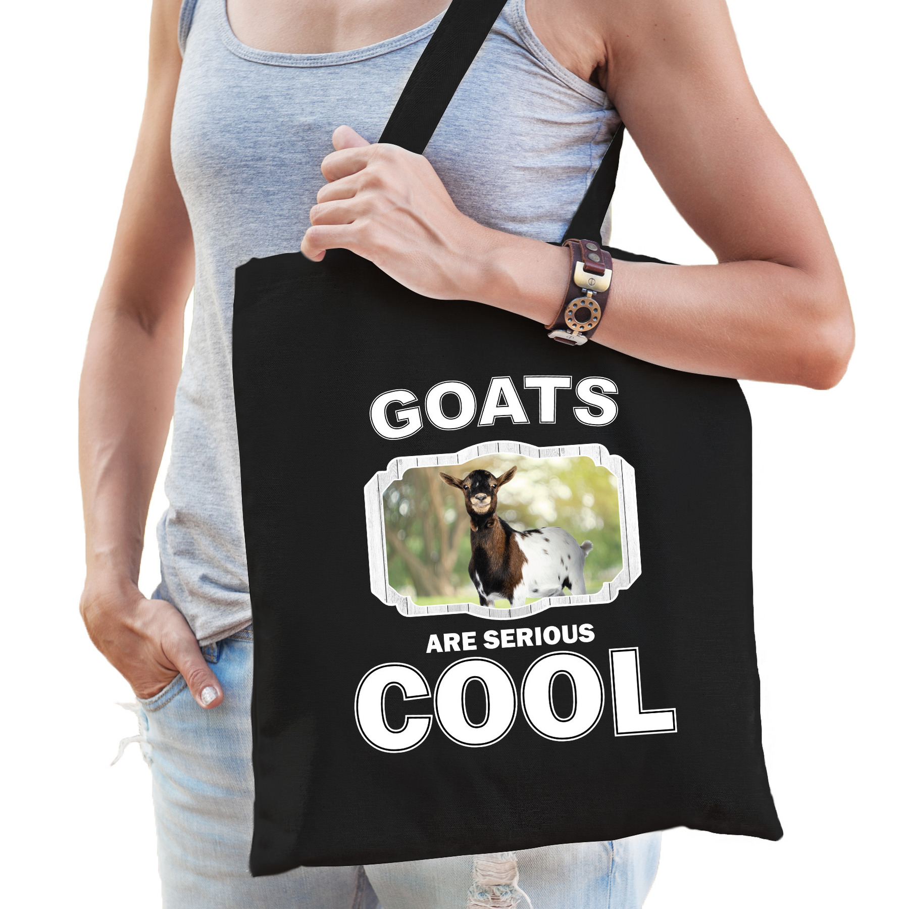 Katoenen tasje goats are serious cool zwart - geiten/ gevlekte geit cadeau tas