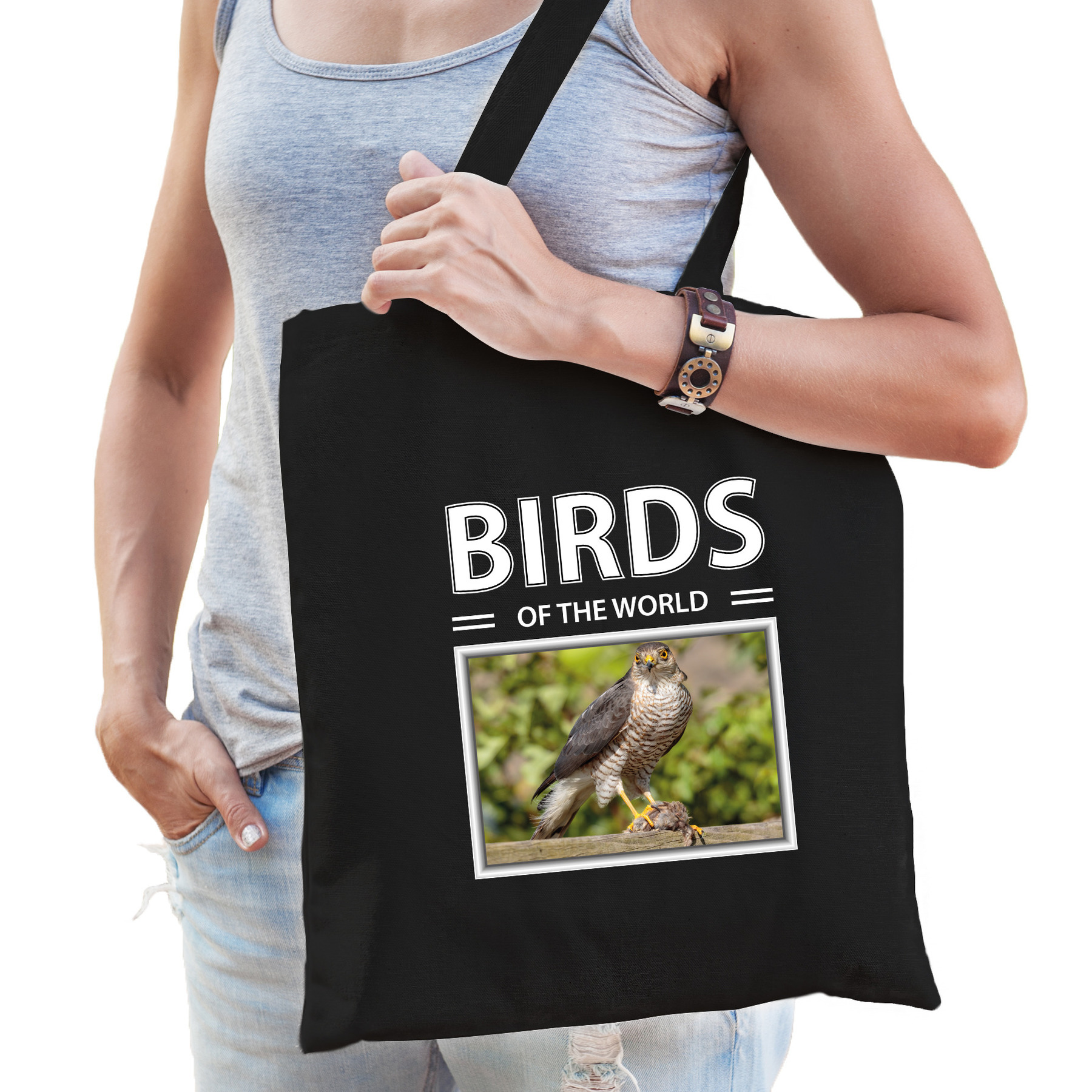 Afbeelding Katoenen tasje havik roofvogel zwart - birds of the world vogel cadeau tas door Animals Giftshop