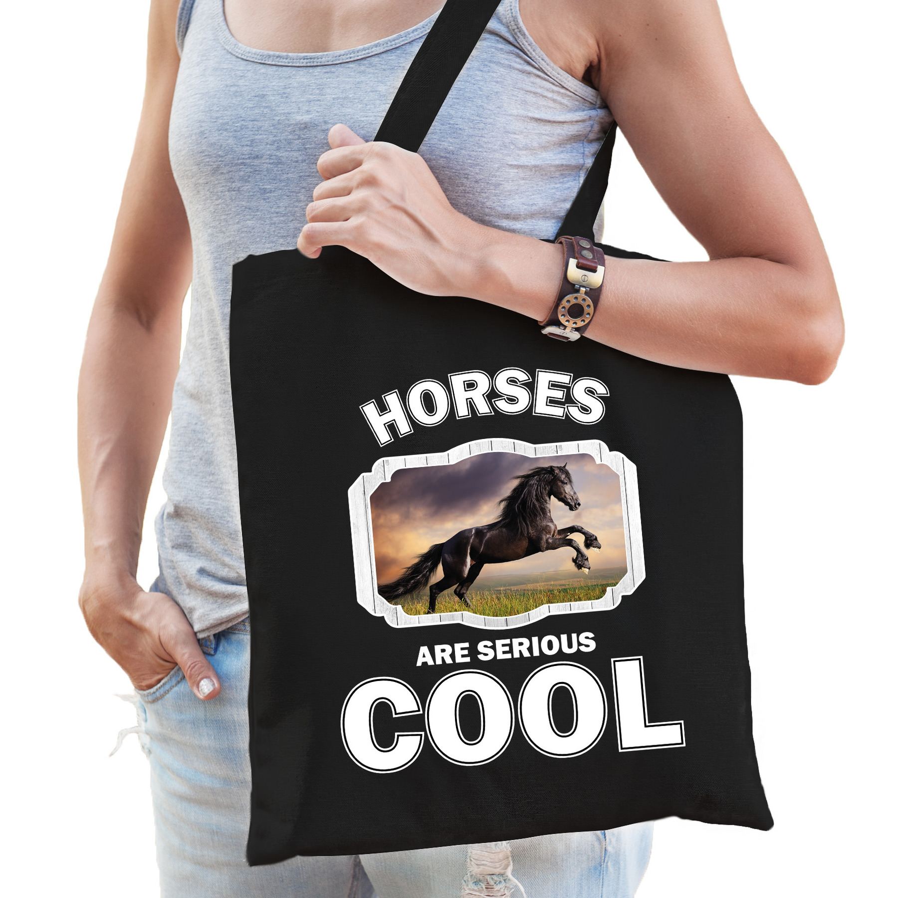 Katoenen tasje horses are serious cool zwart paarden- zwart paard cadeau tas