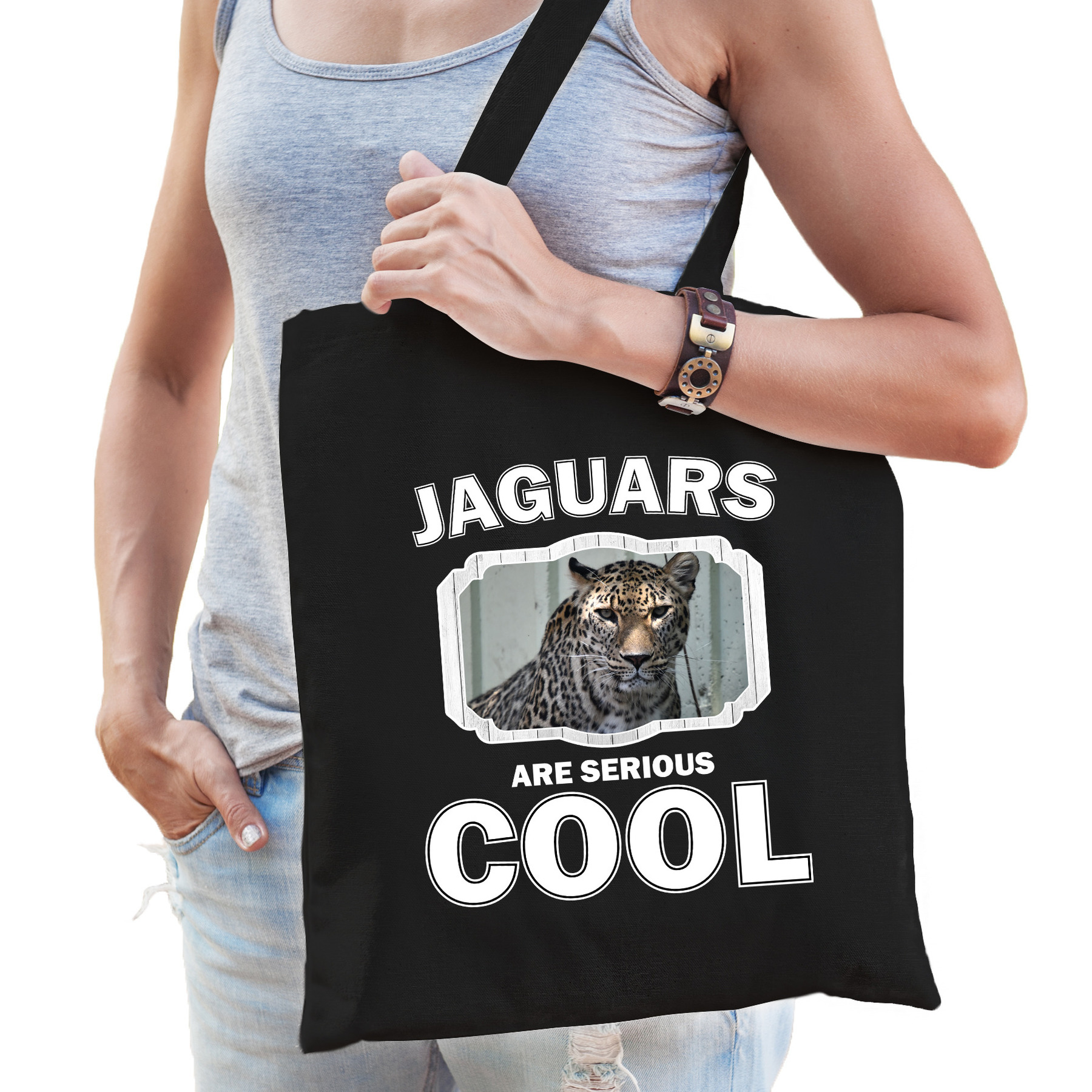 Katoenen tasje jaguars are serious cool zwart - jaguars/ gevlekte jaguar cadeau tas
