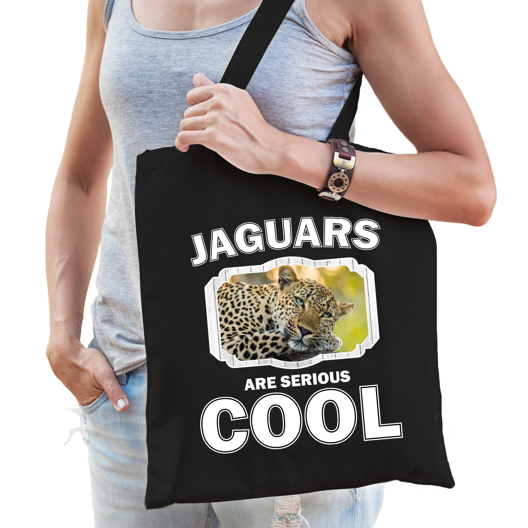 Katoenen tasje jaguars are serious cool zwart - jaguars/ luipaarden/ luipaard cadeau tas