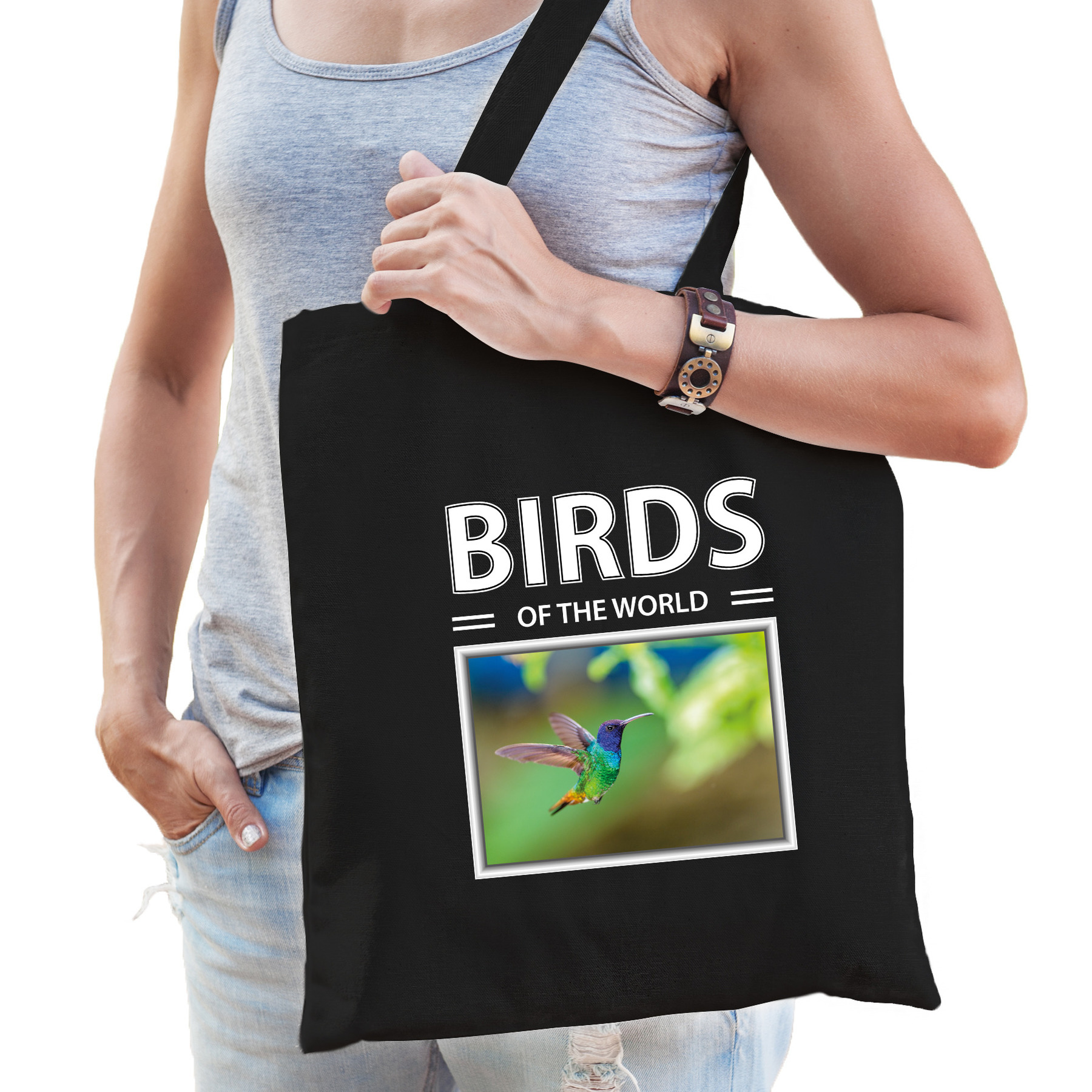 Katoenen tasje Kolibries zwart - birds of the world Kolibrie vogel cadeau tas