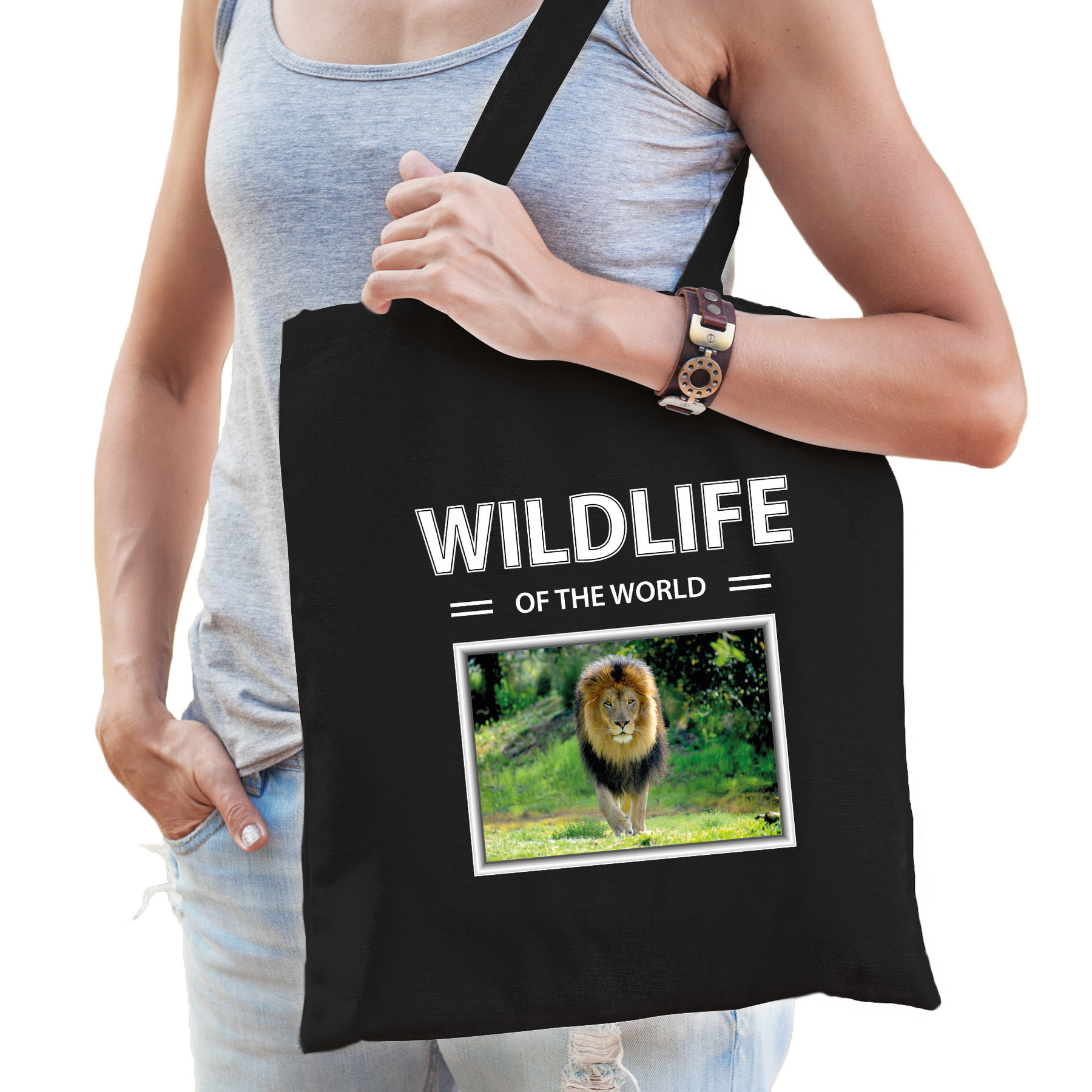 Katoenen tasje Leeuwen zwart - wildlife of the world Leeuw cadeau tas