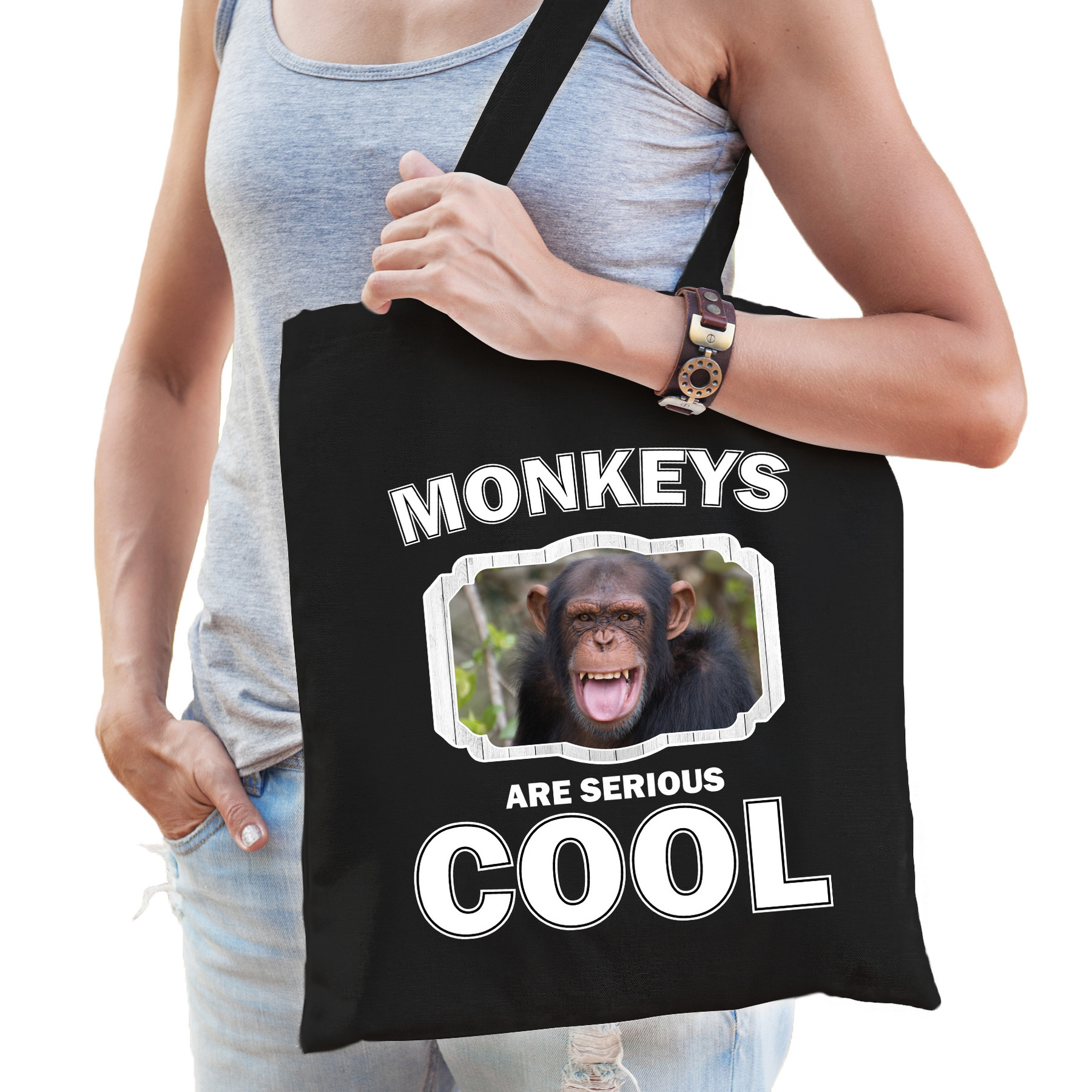Katoenen tasje monkeys are serious cool zwart - apen/ chimpansee cadeau tas