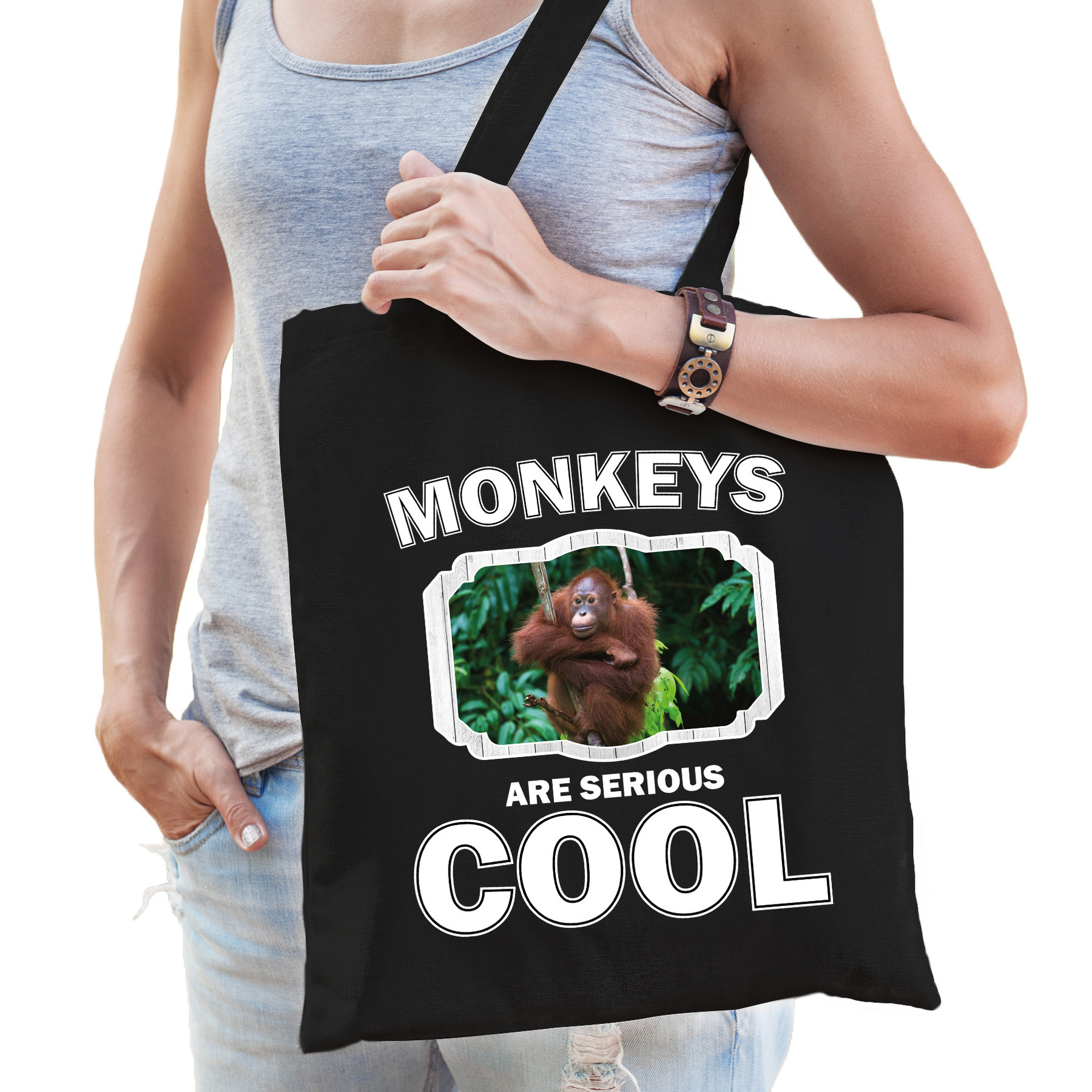 Afbeelding Katoenen tasje monkeys are serious cool zwart - Apen/ orangoetan cadeau tas door Animals Giftshop