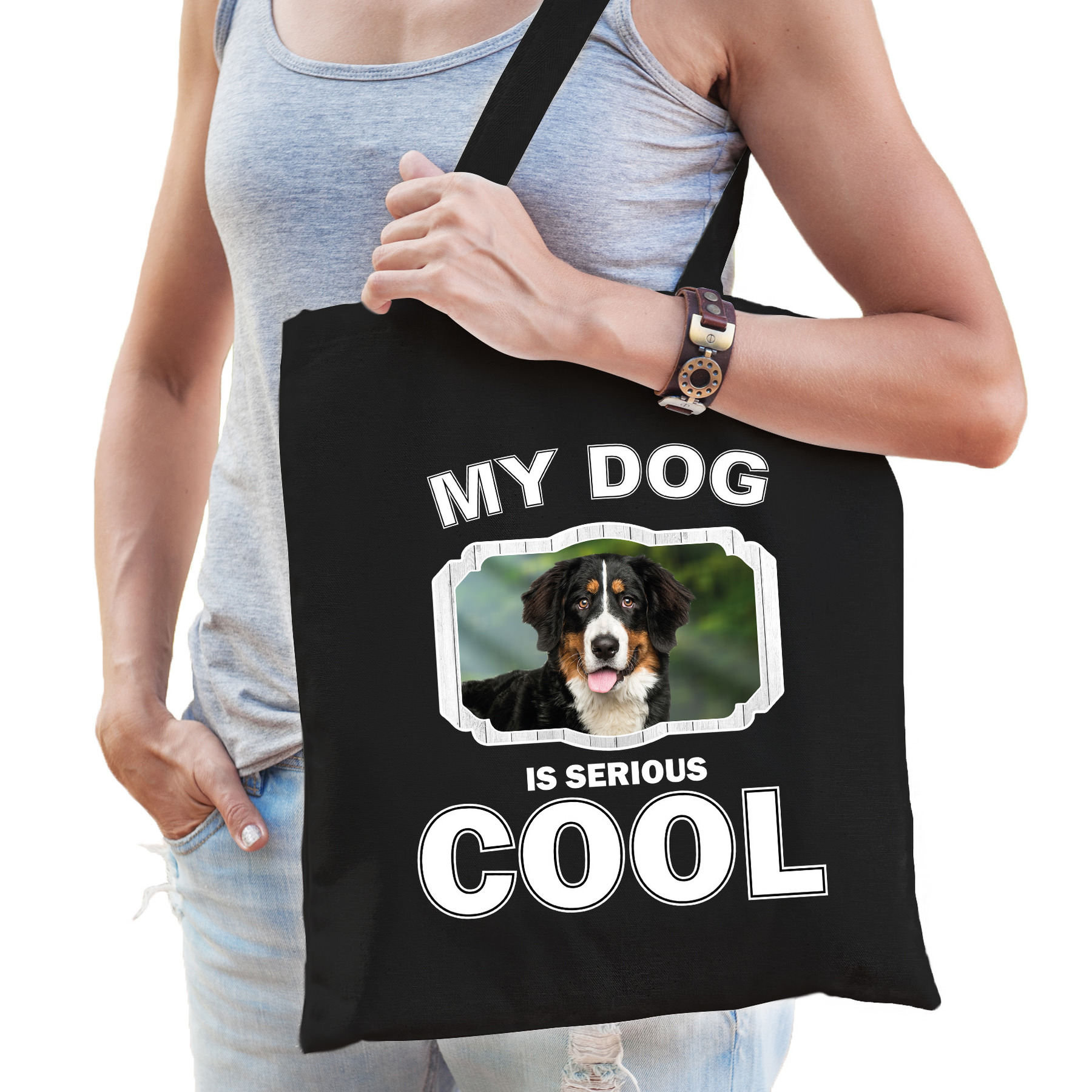 Katoenen tasje my dog is serious cool zwart - Berner Sennen honden cadeau tas