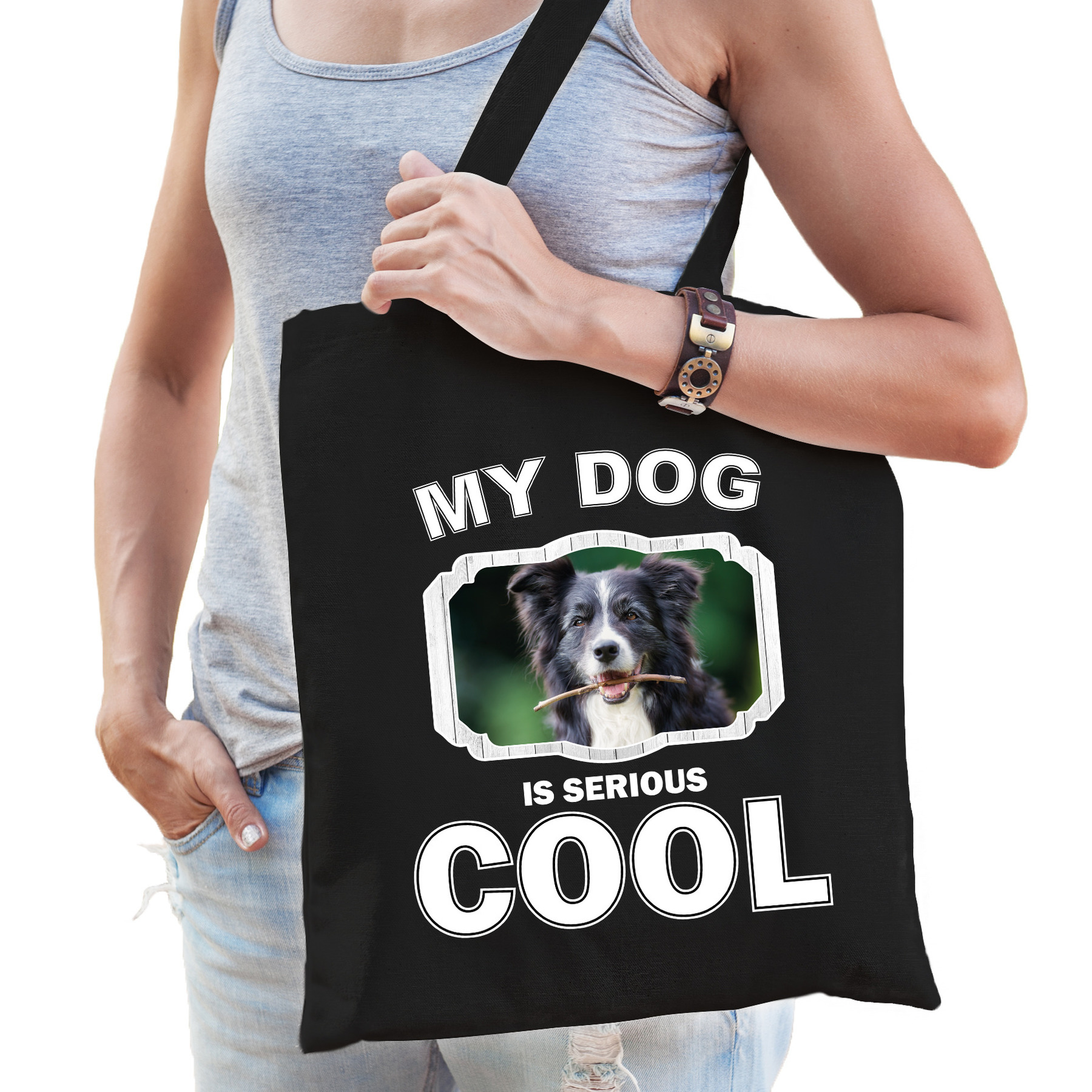 Katoenen tasje my dog is serious cool zwart - Border collie honden cadeau tas