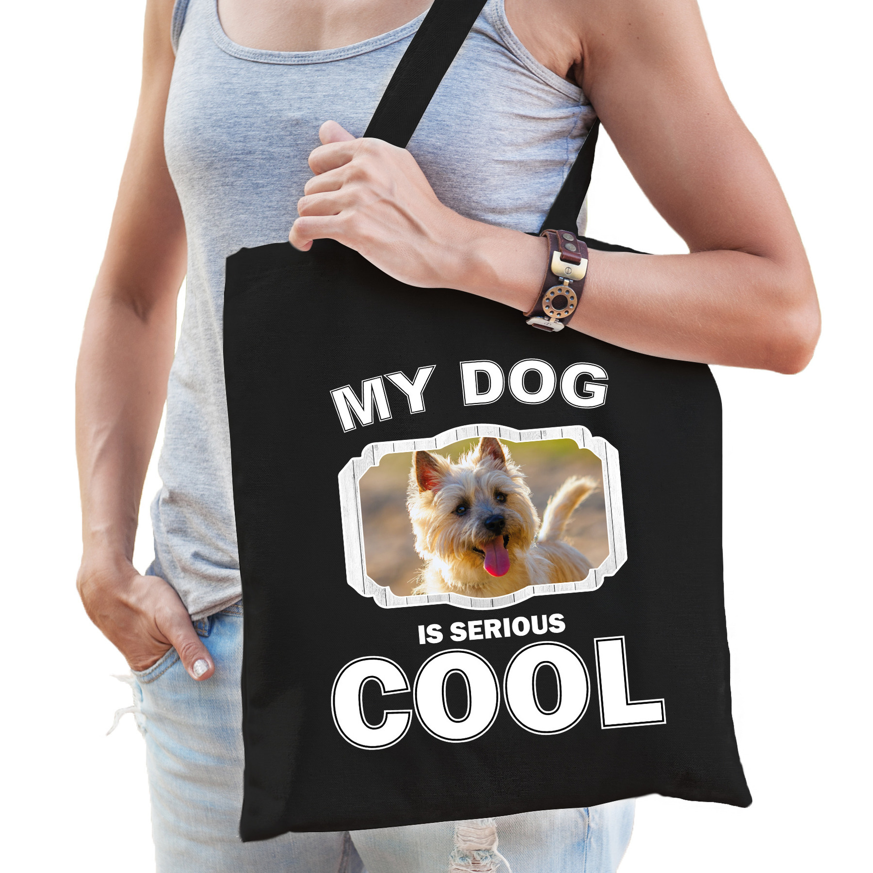 Katoenen tasje my dog is serious cool zwart - Cairn terrier honden cadeau tas