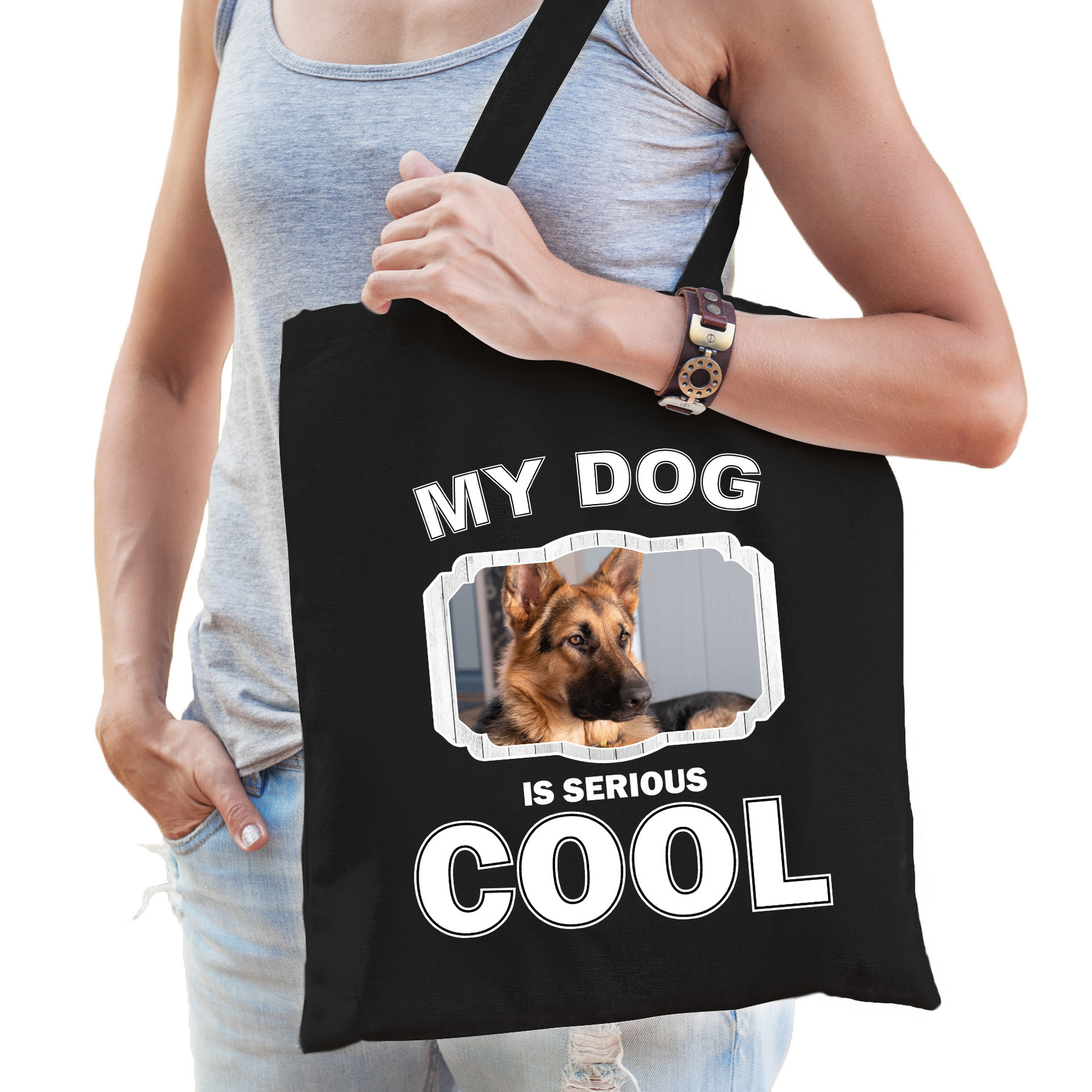 Afbeelding Katoenen tasje my dog is serious cool zwart - Duitse herder honden cadeau tas door Animals Giftshop