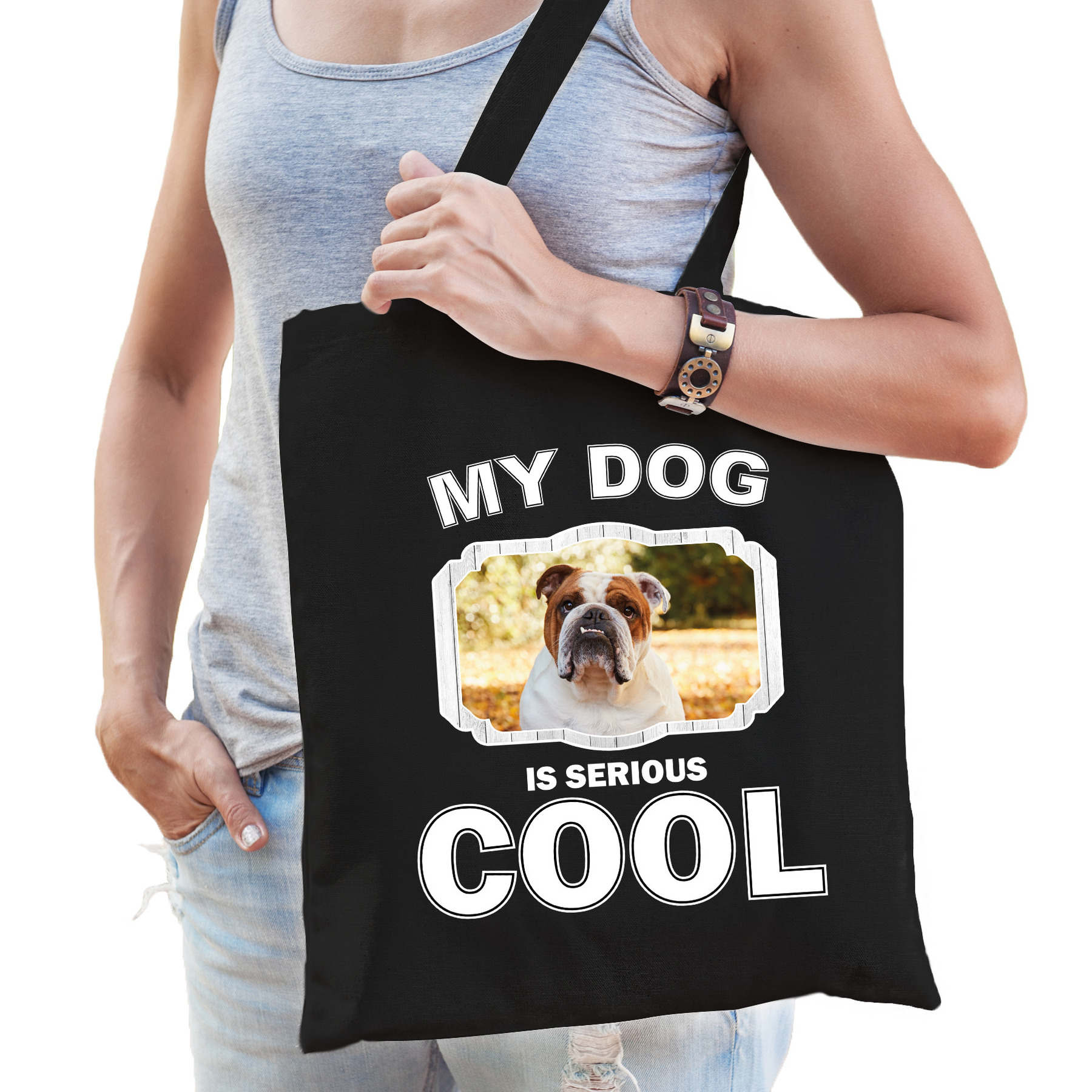 Katoenen tasje my dog is serious cool zwart - Engelse Bulldog honden cadeau tas