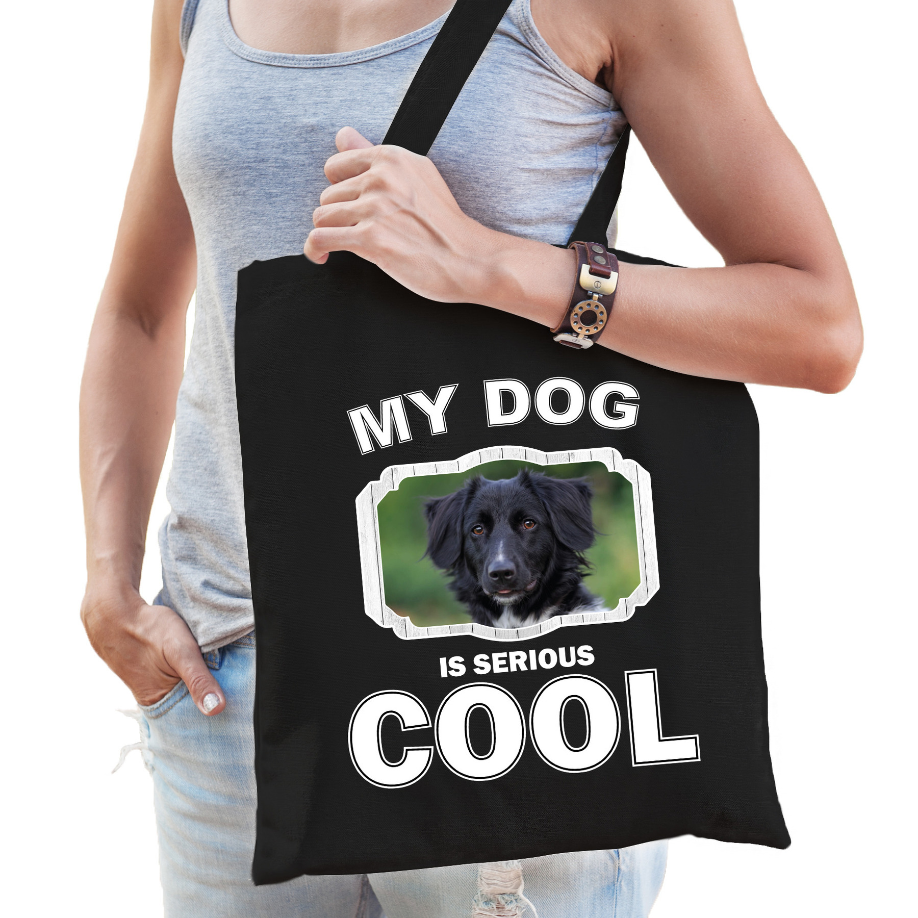 Katoenen tasje my dog is serious cool zwart - Friese stabij honden cadeau tas