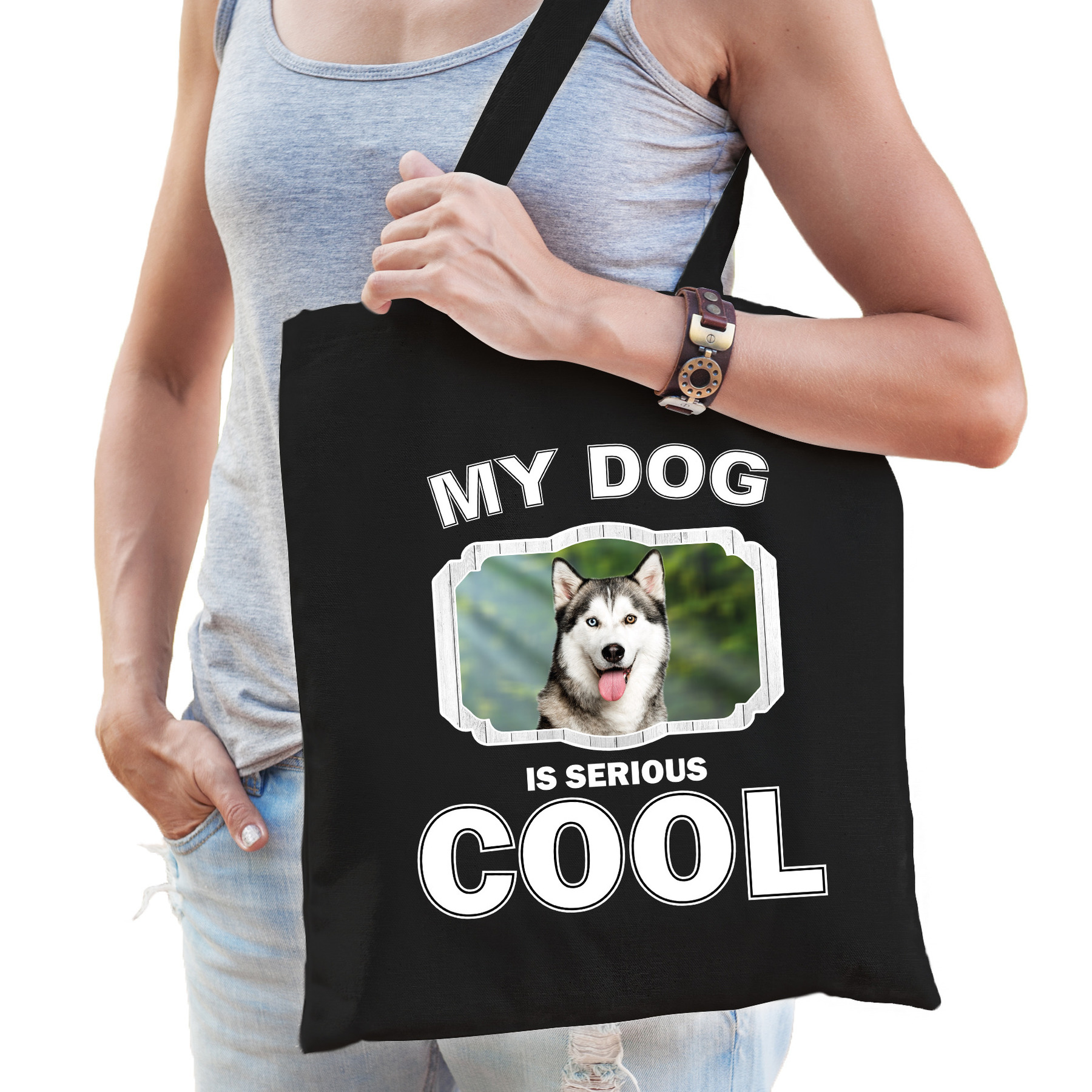 Katoenen tasje my dog is serious cool zwart - Husky honden cadeau tas