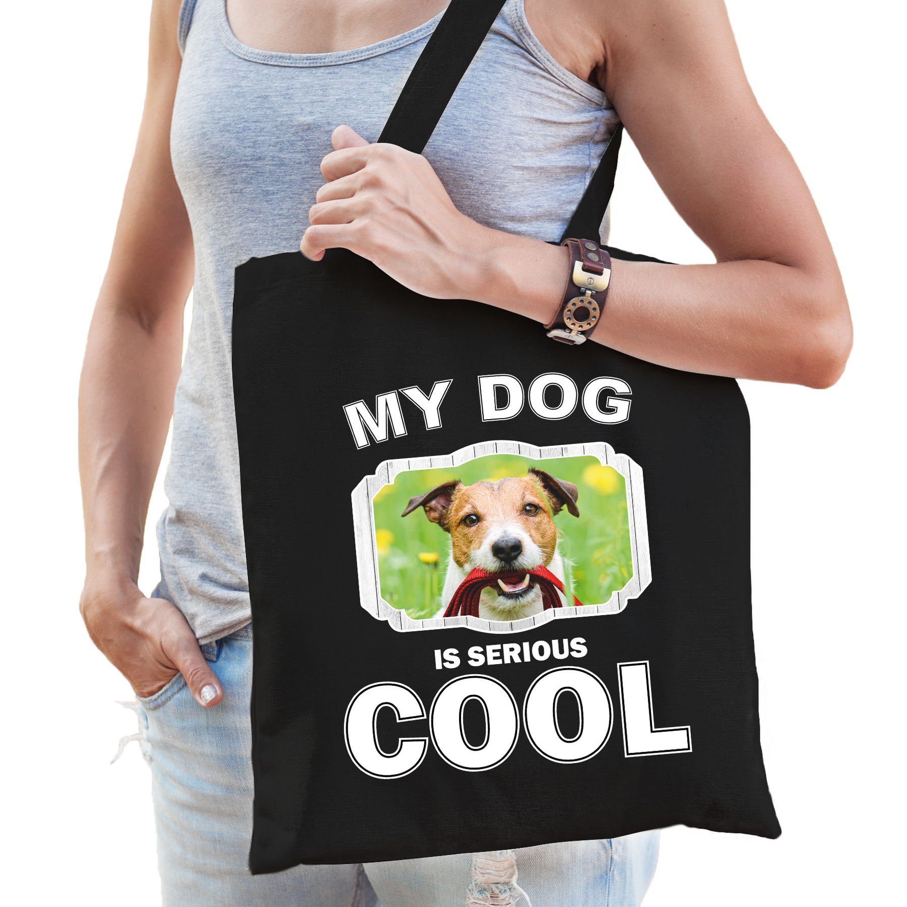 Afbeelding Katoenen tasje my dog is serious cool zwart - Jack russel honden cadeau tas door Animals Giftshop