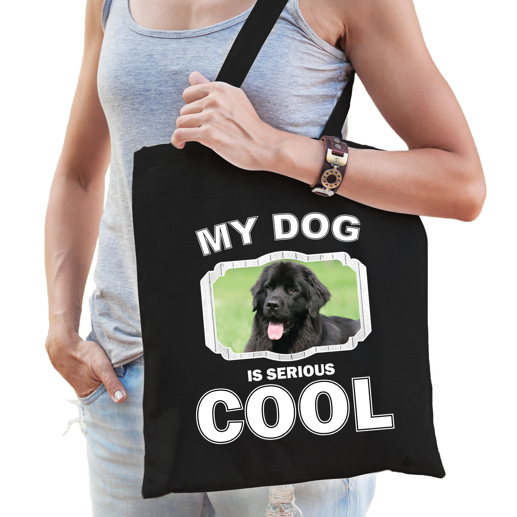 Katoenen tasje my dog is serious cool zwart - Newfoundlander honden cadeau tas