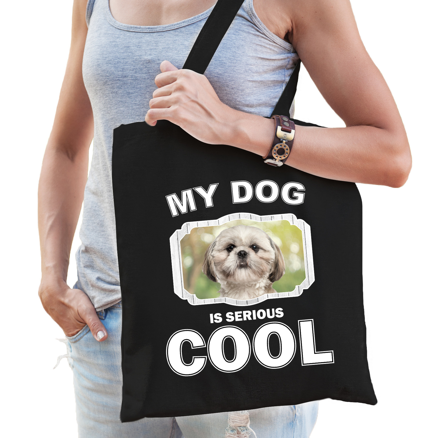Katoenen tasje my dog is serious cool zwart - Shih tzu honden cadeau tas
