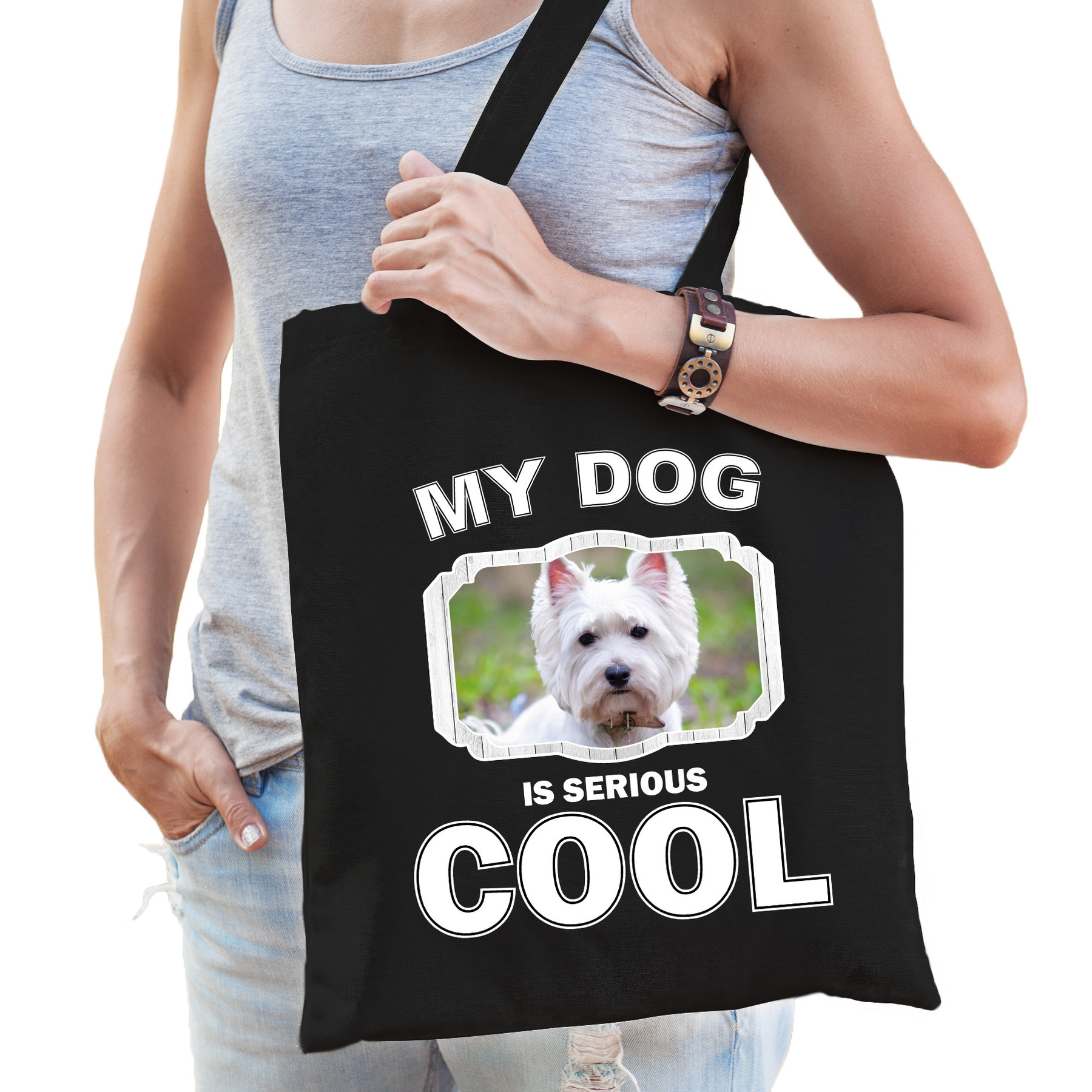 Katoenen tasje my dog is serious cool zwart - West terrier honden cadeau tas