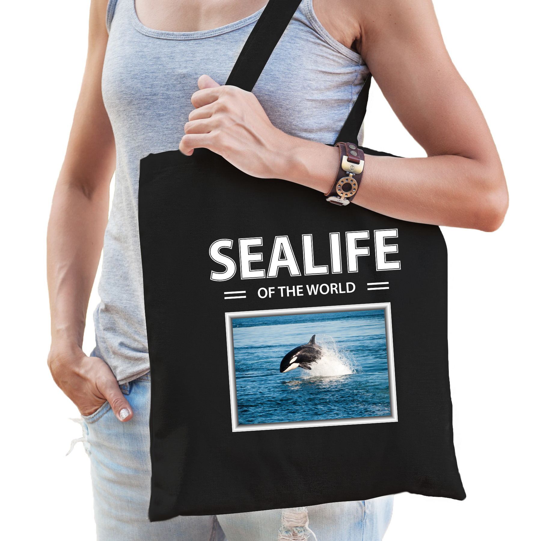 Afbeelding Katoenen tasje Orka zwart - sealife of the world Orkas cadeau tas door Animals Giftshop