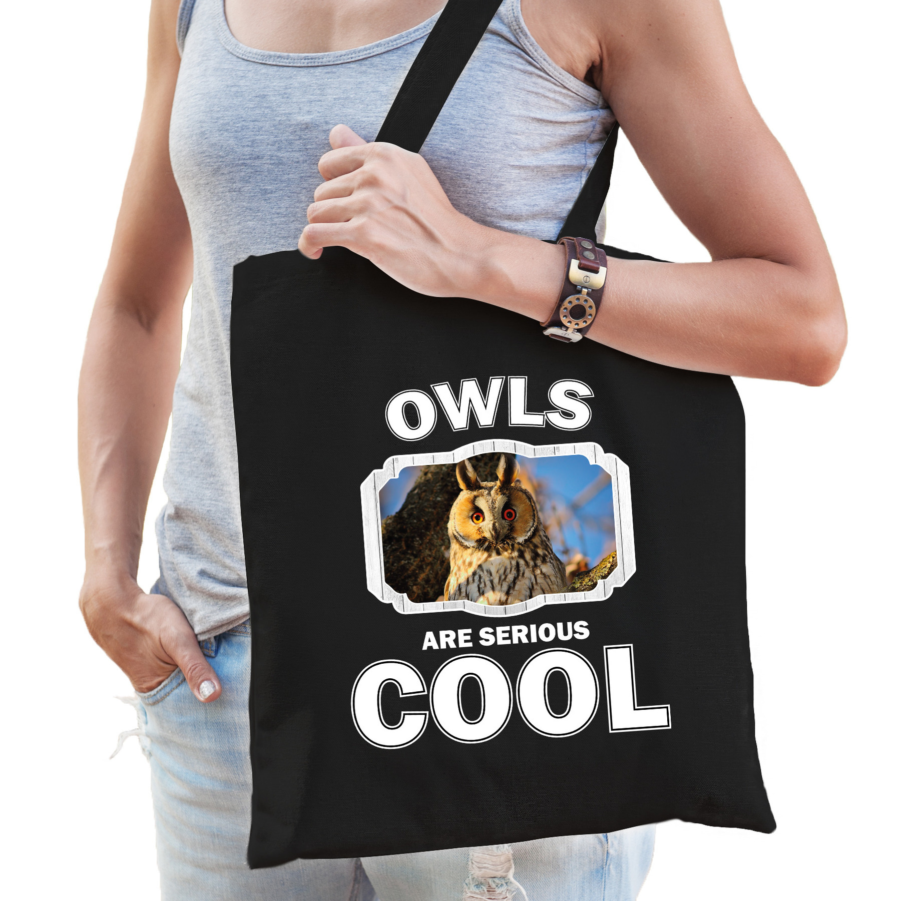 Katoenen tasje owls are serious cool zwart - uilen/ ransuil cadeau tas