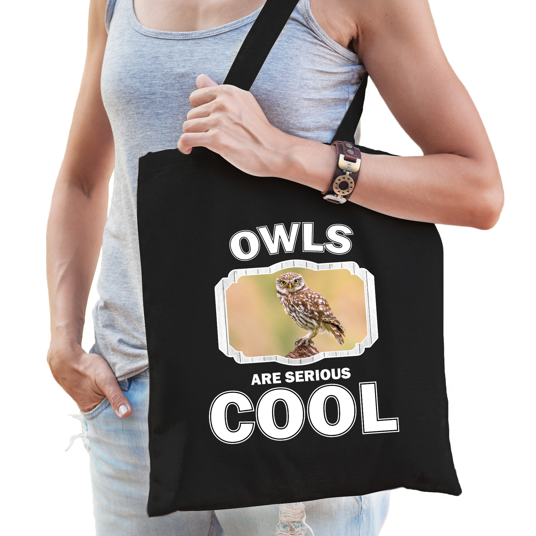 Katoenen tasje owls are serious cool zwart - uilen/ steenuil cadeau tas