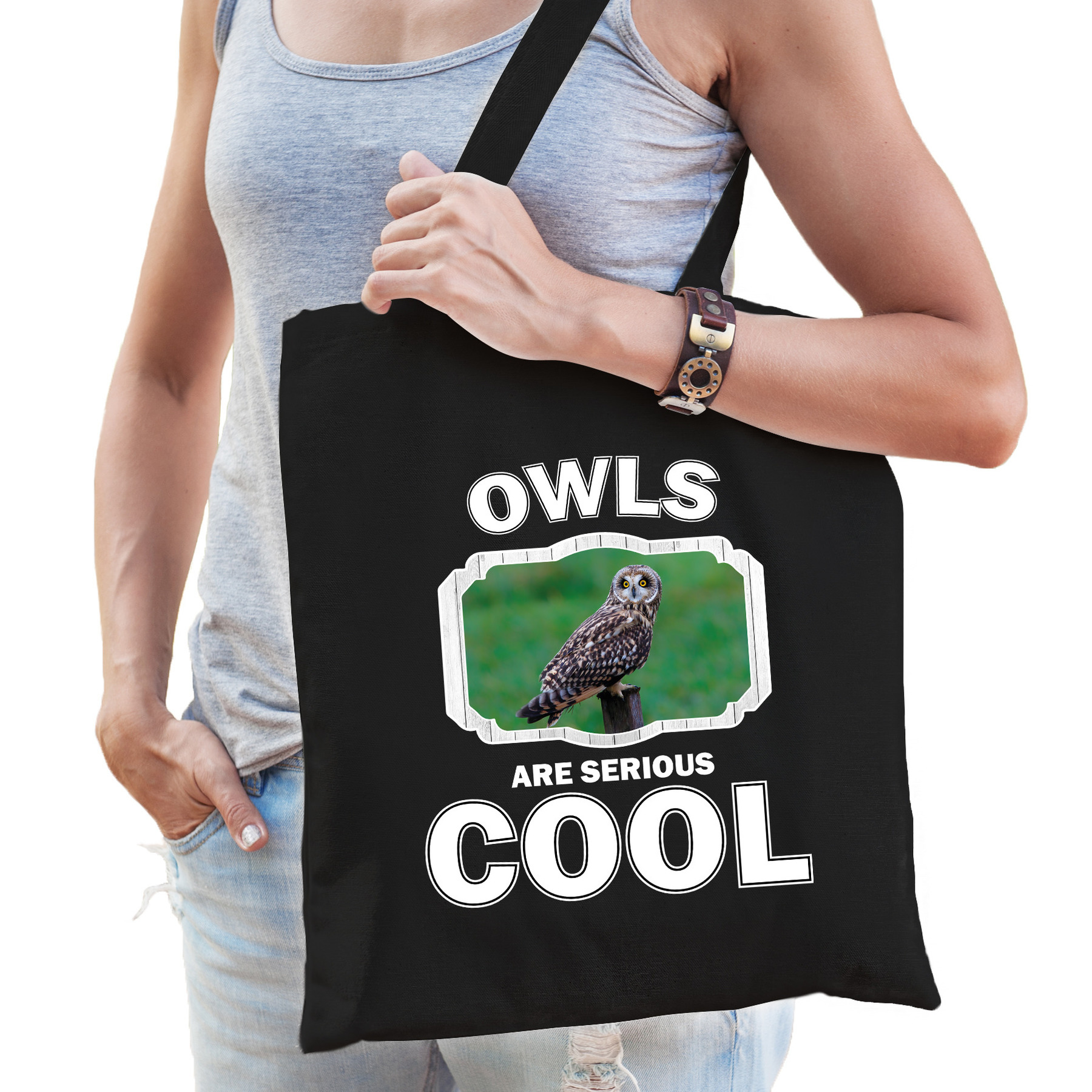 Katoenen tasje owls are serious cool zwart - uilen/ velduil cadeau tas
