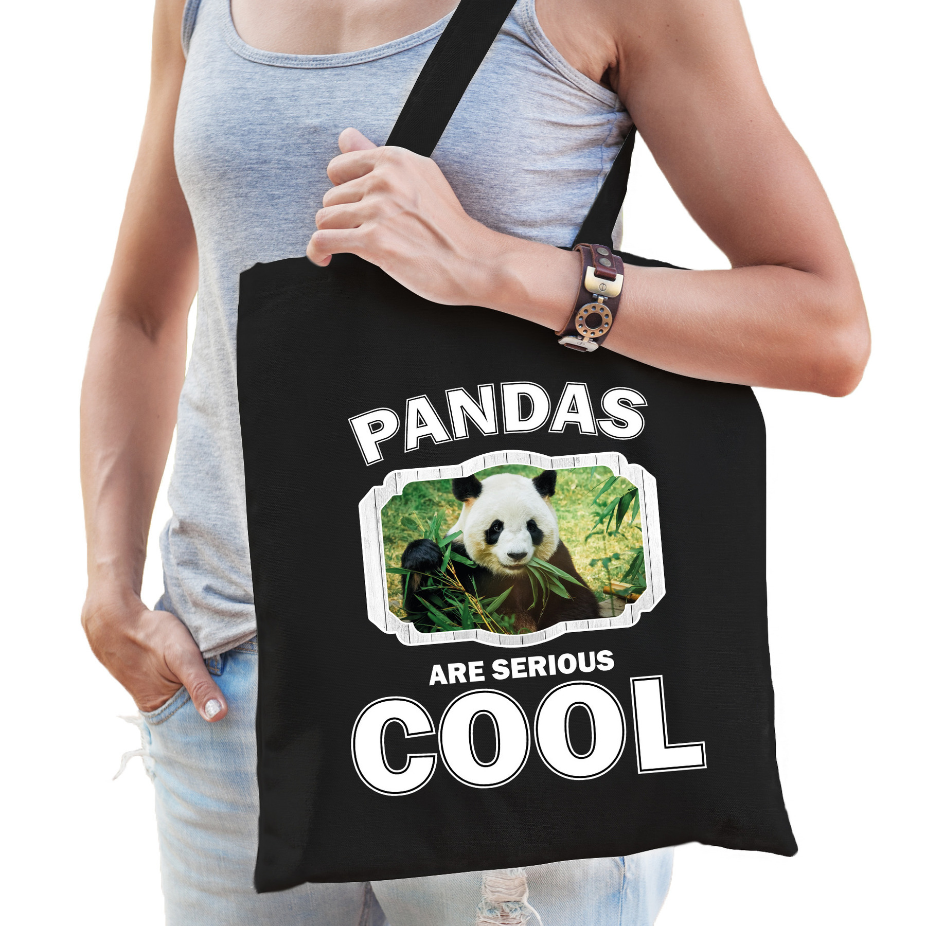 Katoenen tasje pandas are serious cool zwart - pandaberen/ panda cadeau tas