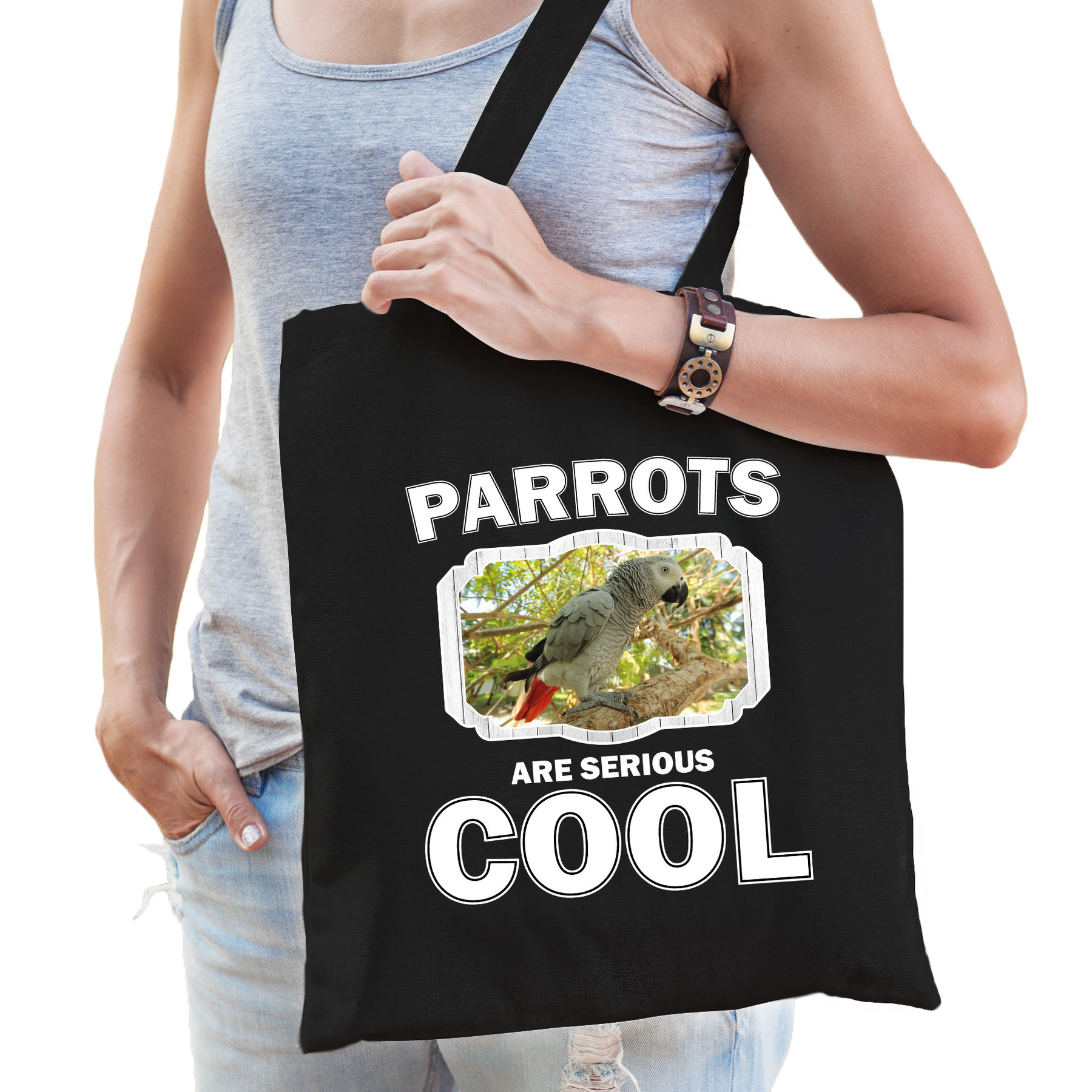 Katoenen tasje parrots are serious cool zwart - papegaaien/ grijze roodstaart papegaai cadeau tas