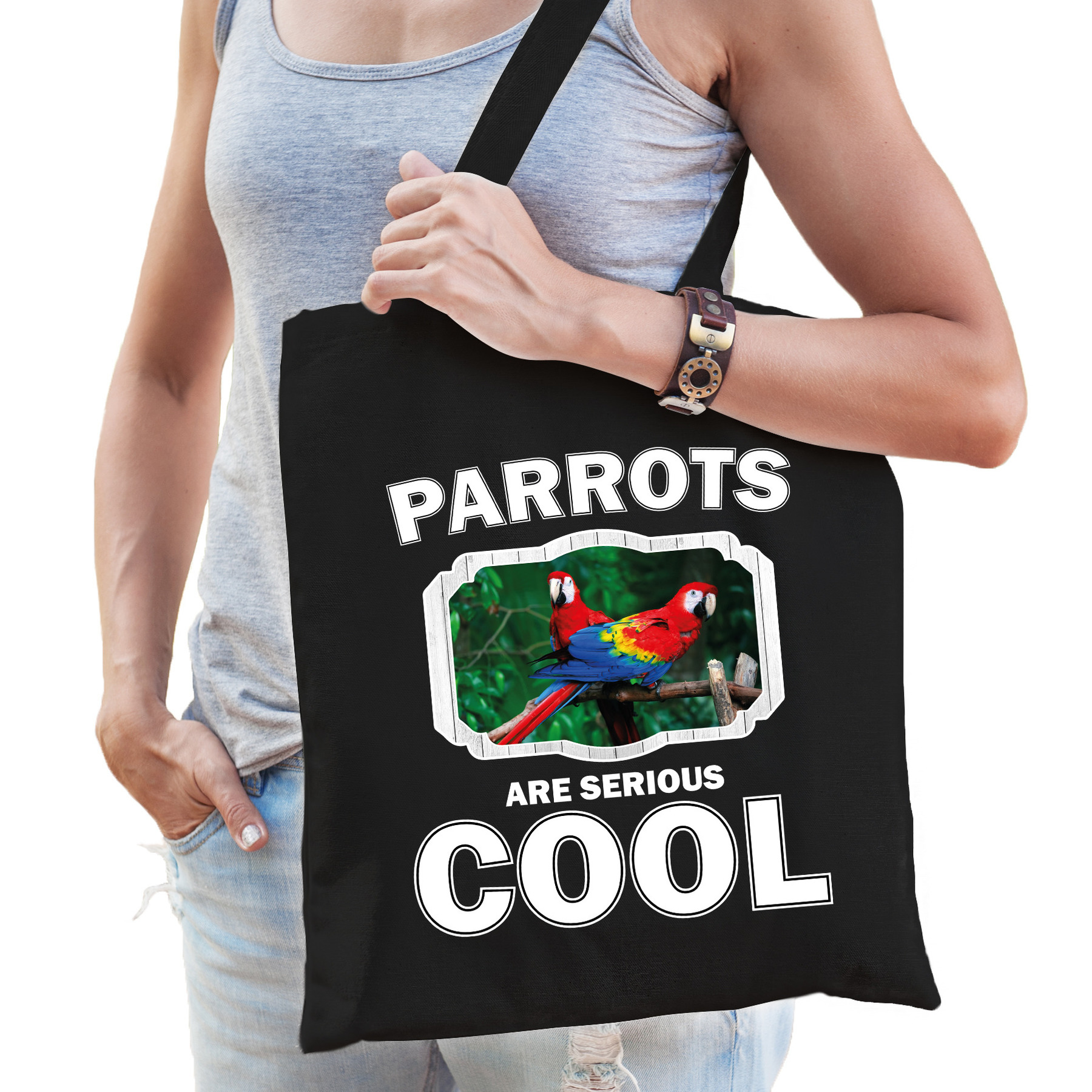 Katoenen tasje parrots are serious cool zwart - papegaaien/ papegaai cadeau tas