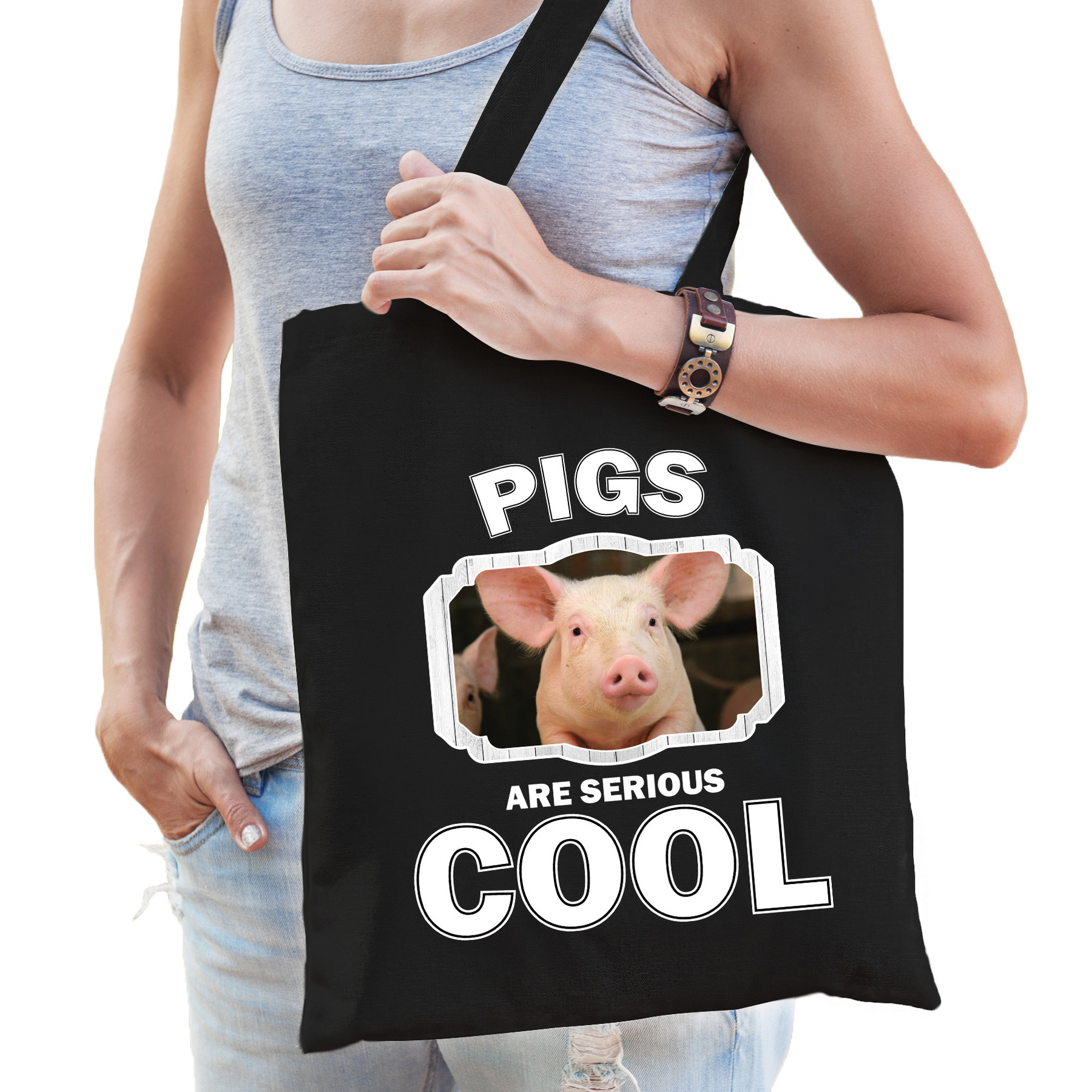 Katoenen tasje pigs are serious cool zwart - varkens/ varken cadeau tas