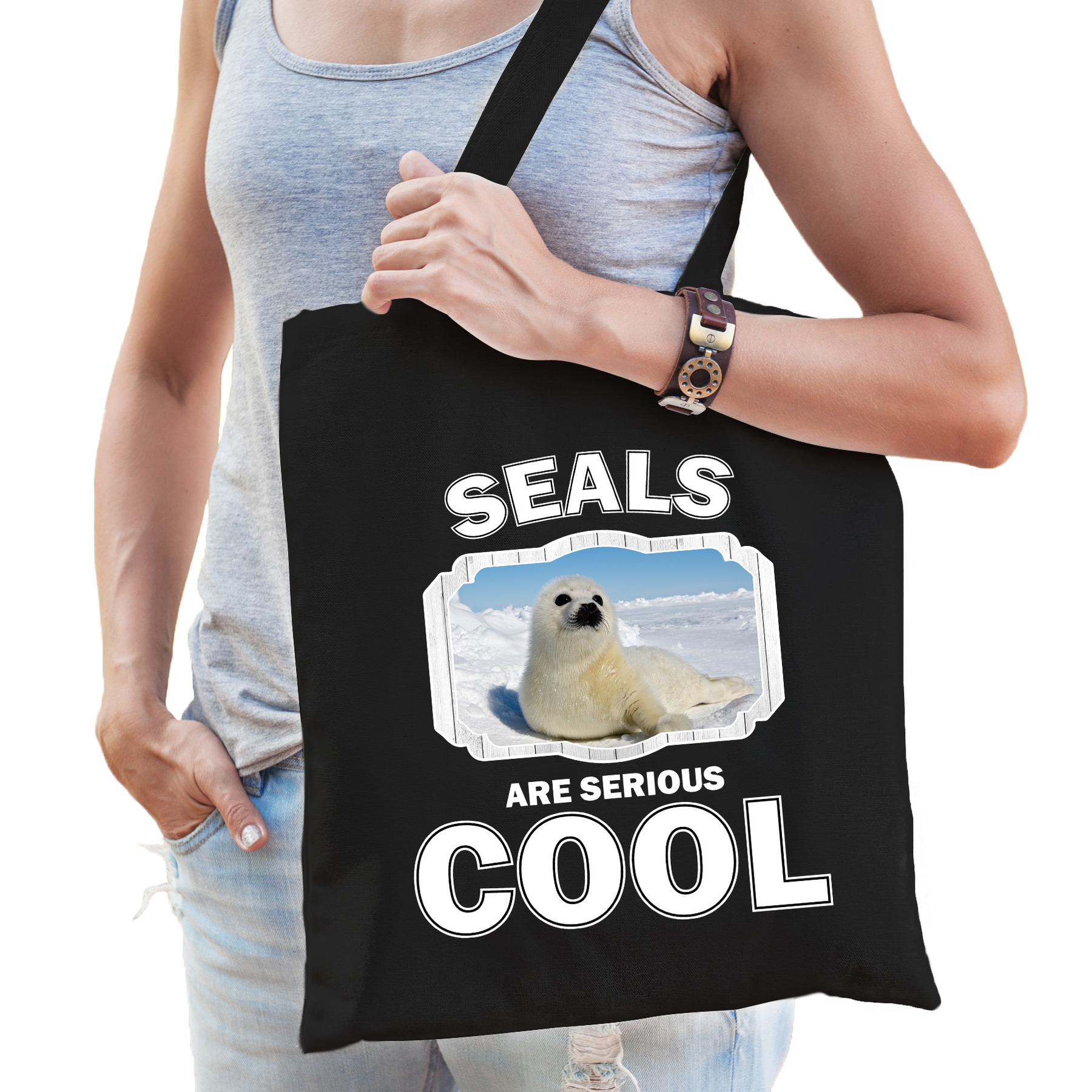 Katoenen tasje seals are serious cool zwart - zeehonden/ witte zeehond cadeau tas