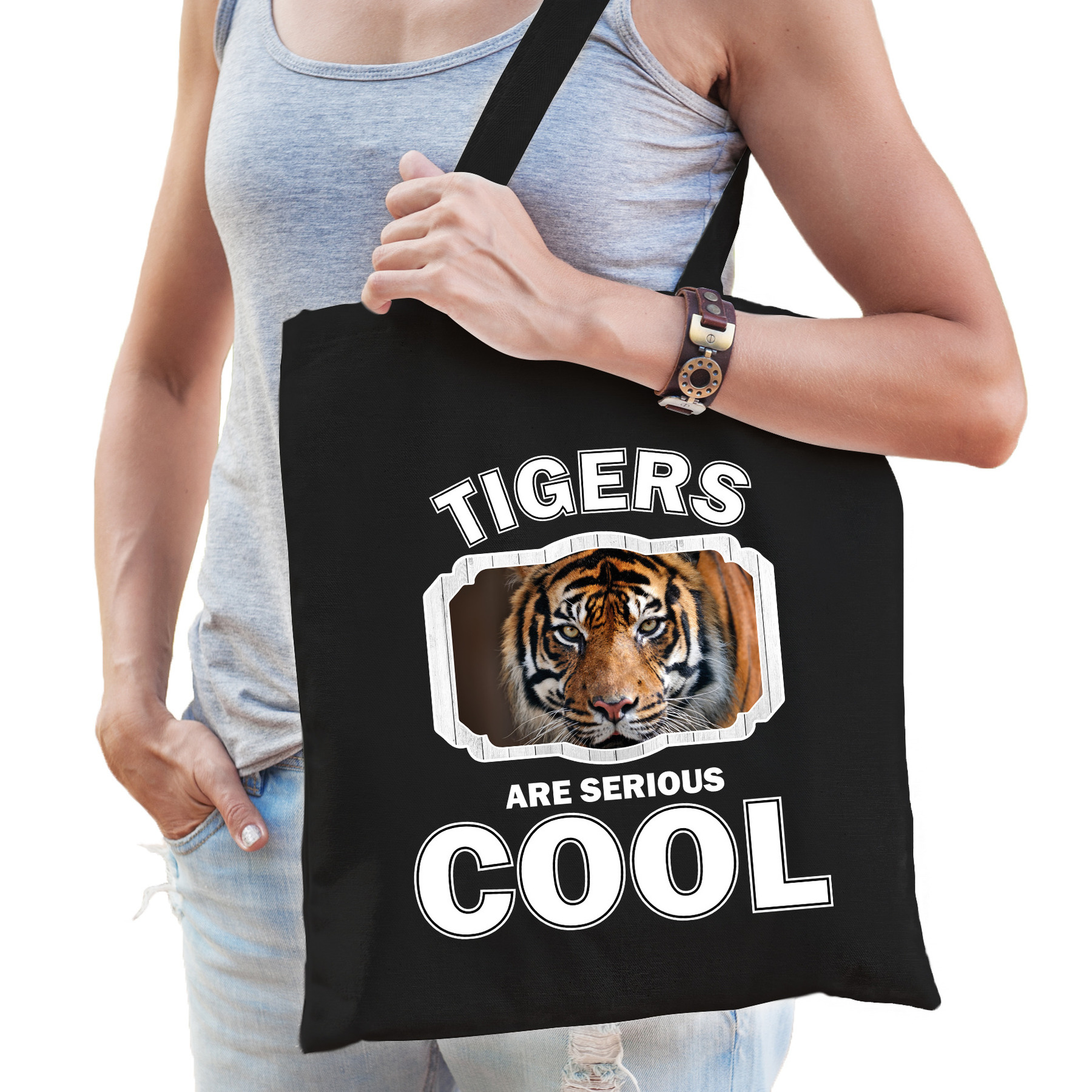 Katoenen tasje tigers are serious cool zwart - tijgers/ tijger cadeau tas