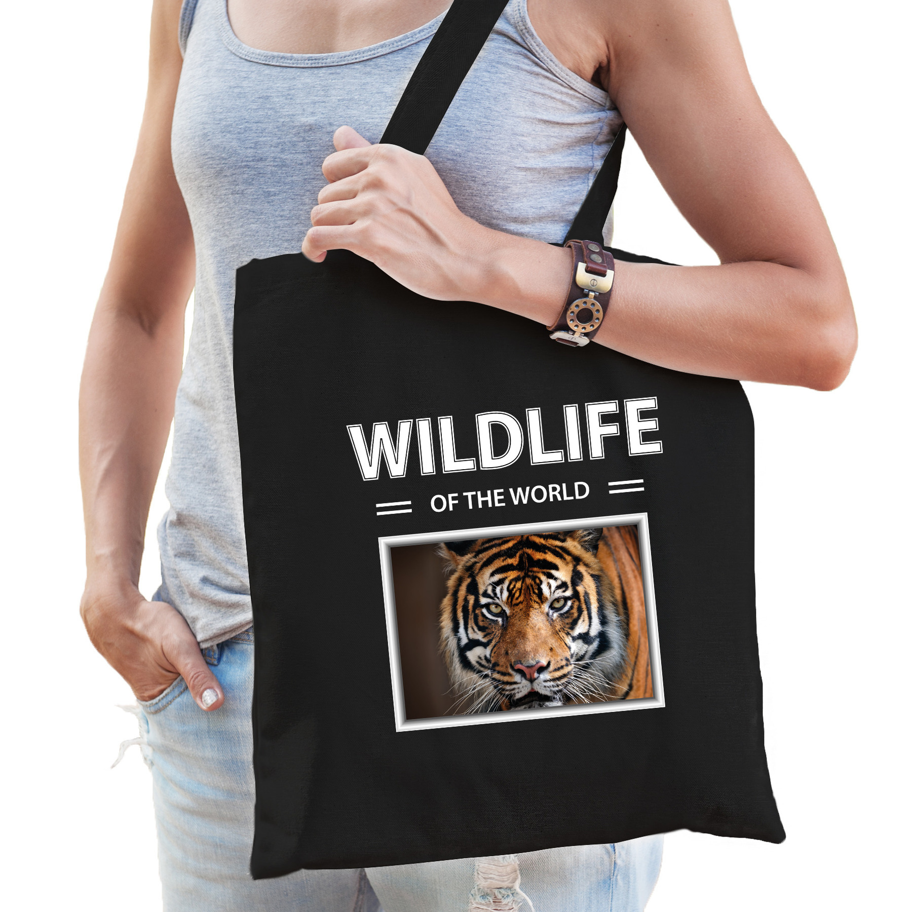Katoenen tasje tijgers zwart - wildlife of the world tijger cadeau tas