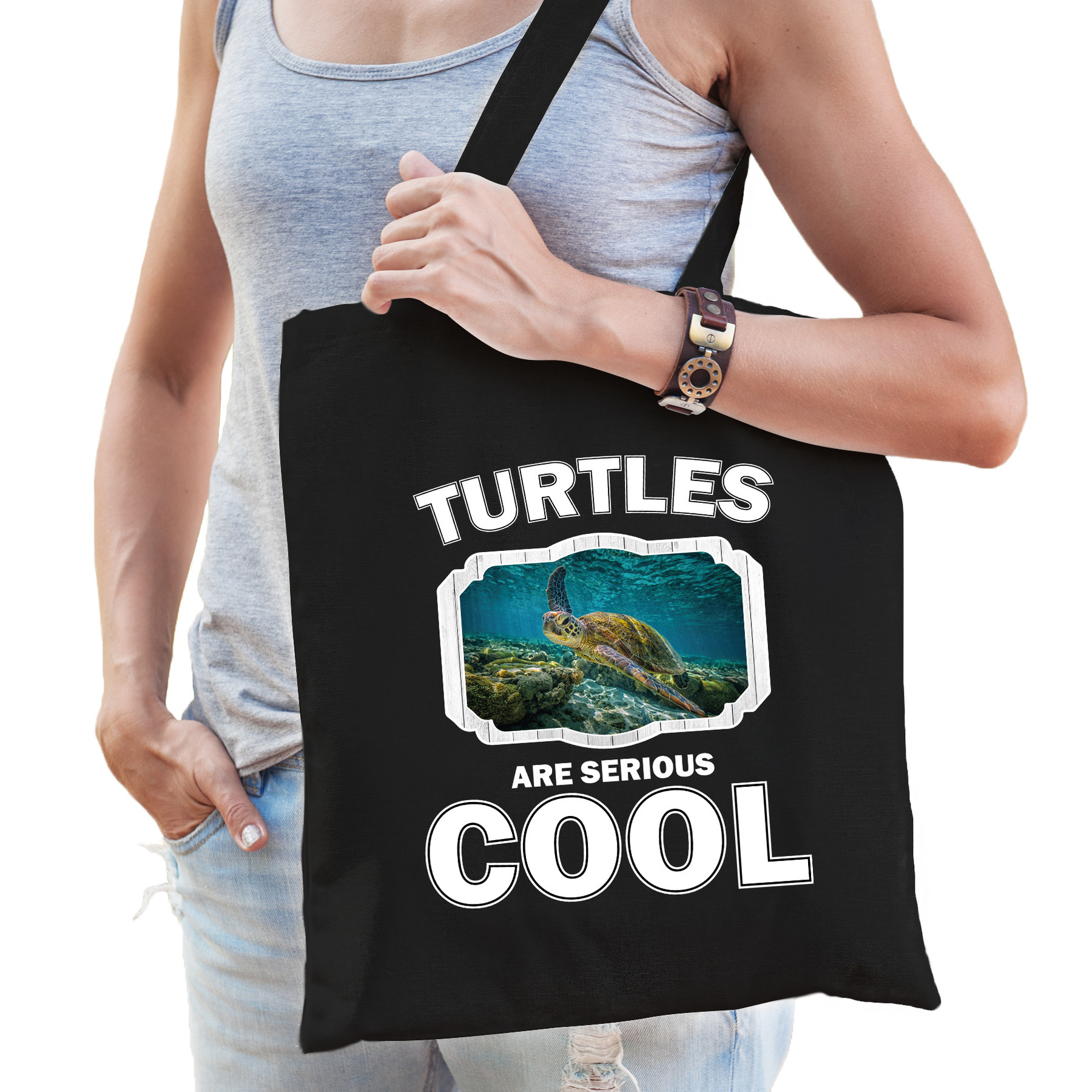 Katoenen tasje turtles are serious cool zwart - schildpadden/ zee schildpad cadeau tas