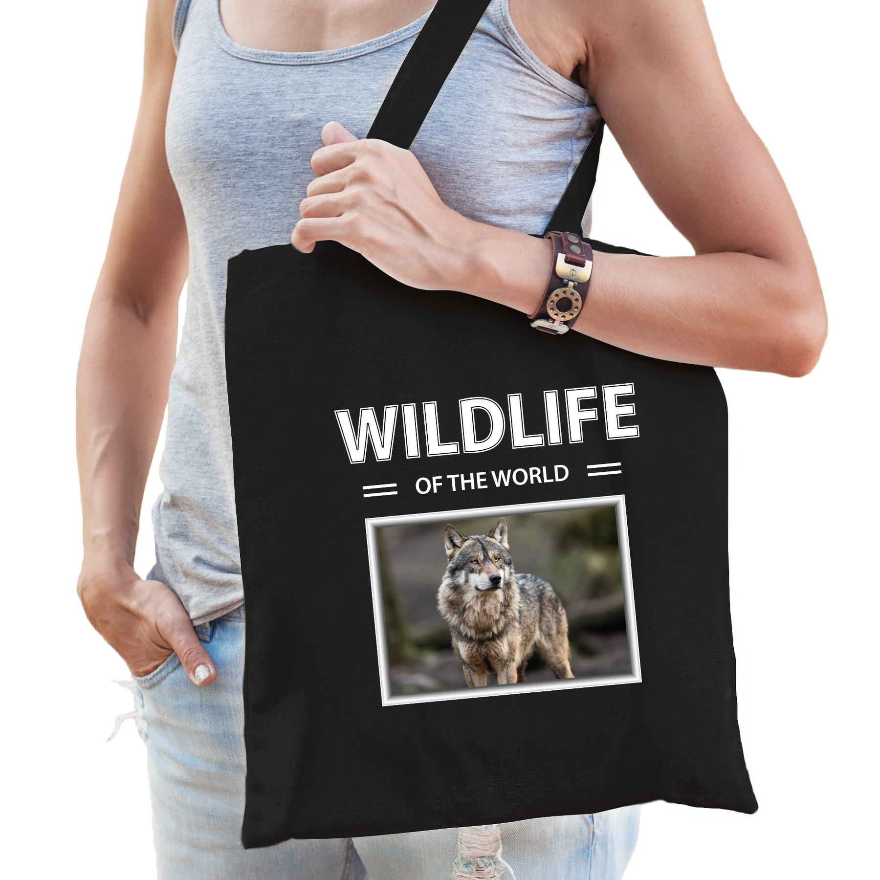 Afbeelding Katoenen tasje Wolven zwart - wildlife of the world Wolf cadeau tas door Animals Giftshop